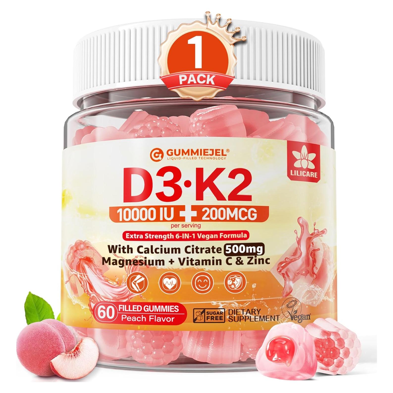 Gomitas Veganas de Vitamina D3 K2 10,000 UI + Calcio 500mg