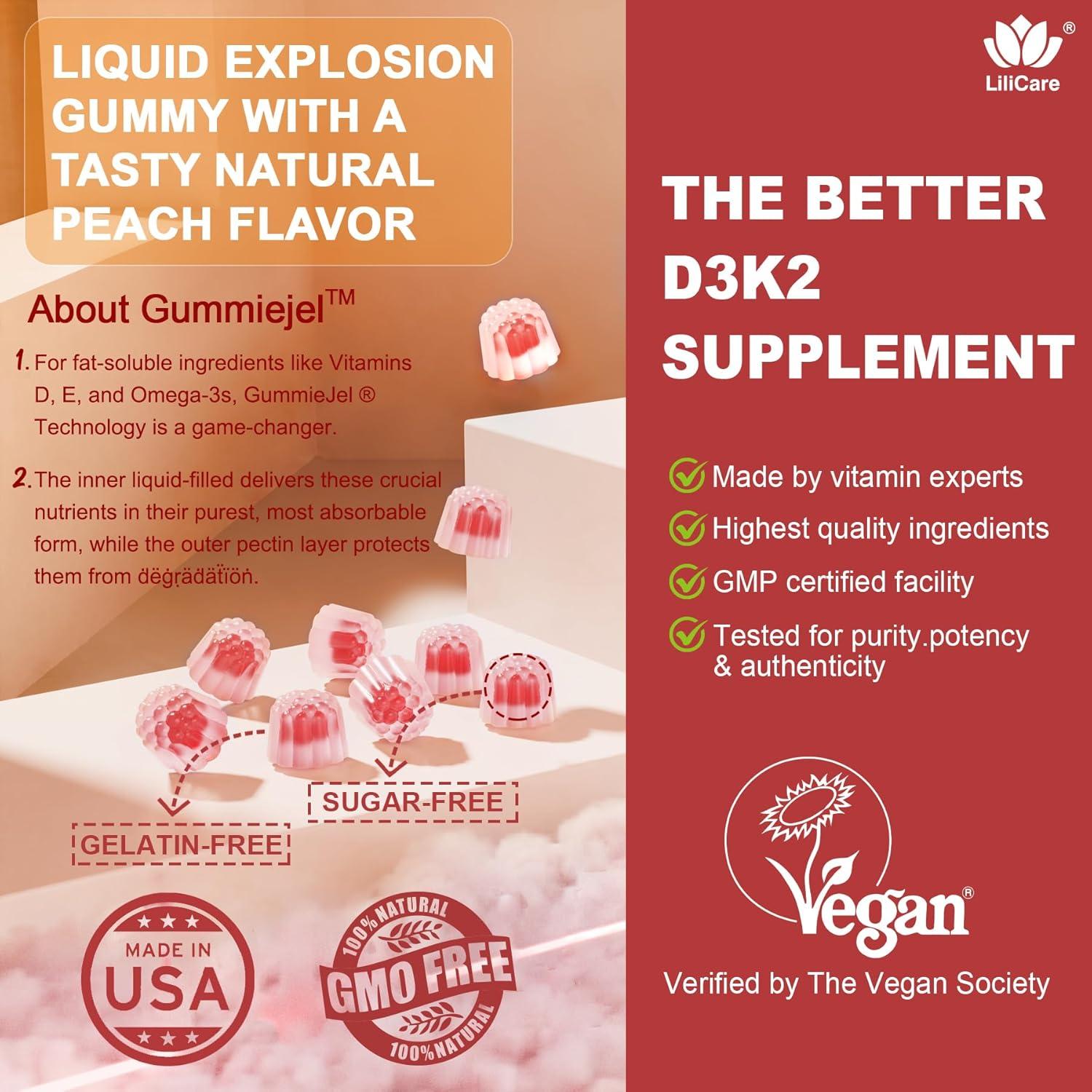 Gomitas Veganas de Vitamina D3 K2 10,000 UI + Calcio 500mg