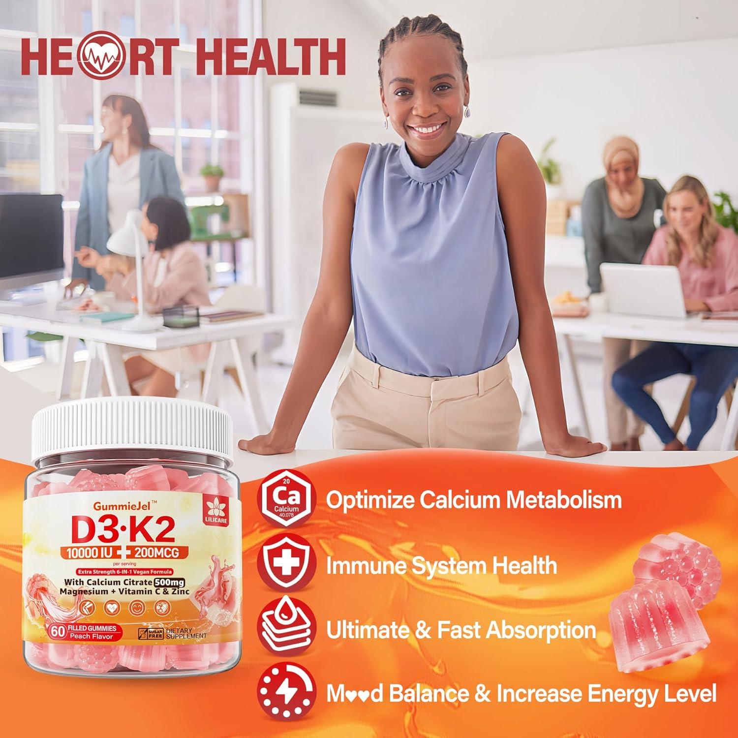 Gomitas Veganas de Vitamina D3 K2 10,000 UI + Calcio 500mg