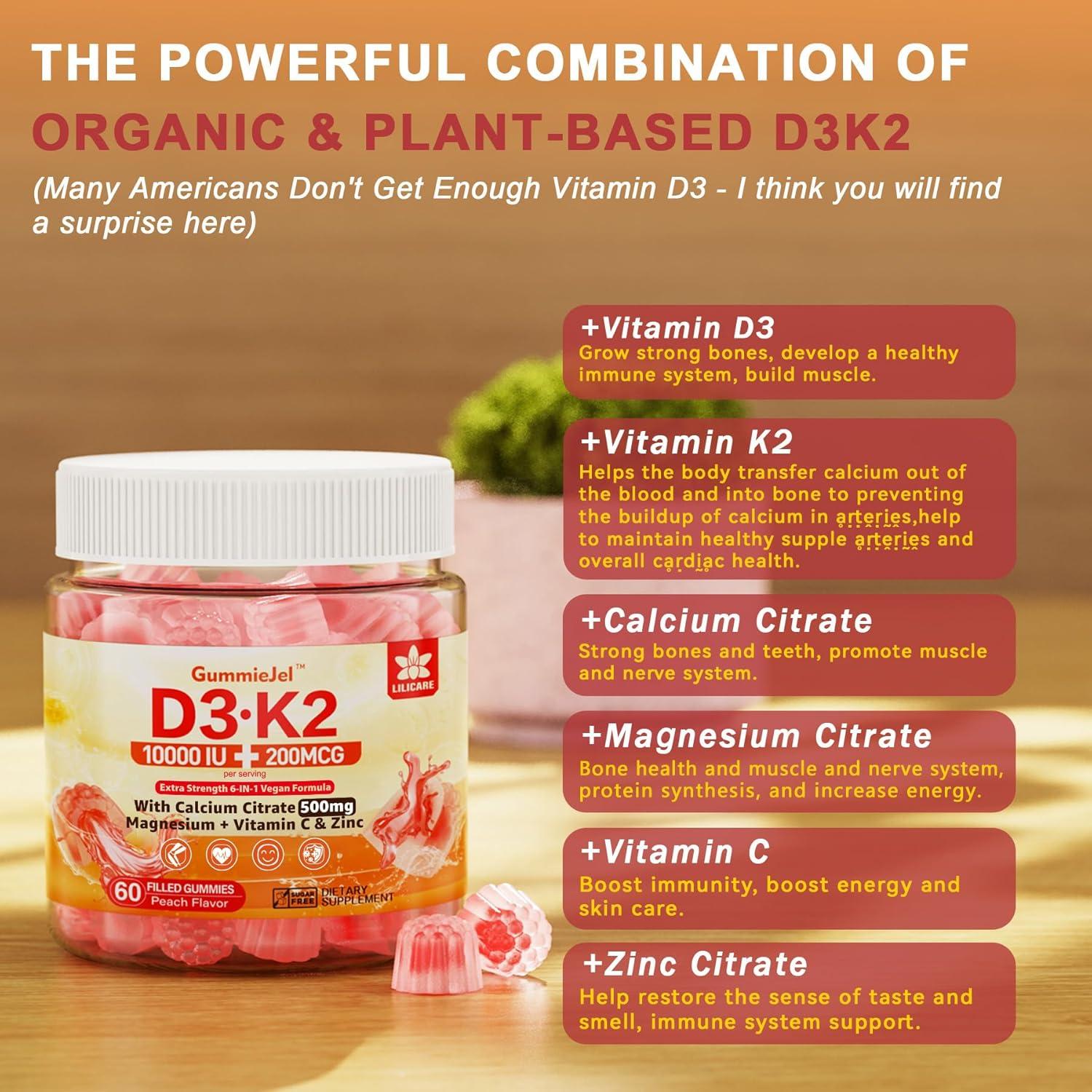 Gomitas Veganas de Vitamina D3 K2 10,000 UI + Calcio 500mg