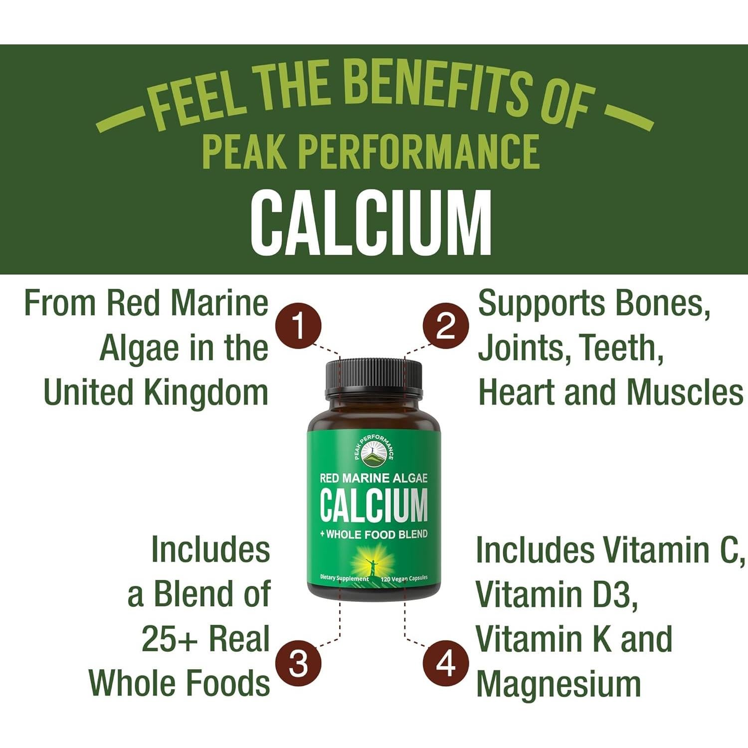 Suplemento Vegano de Calcio Peak Performance 120 Cápsulas