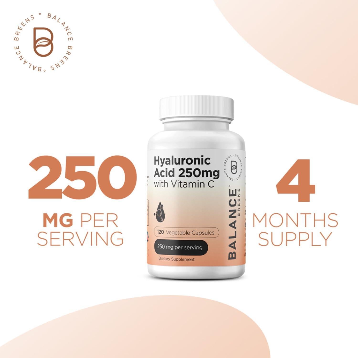 Suplemento de Ácido Hialurónico Puro 250mg + Vitamina C 50mg - 120 Cápsulas Veganas