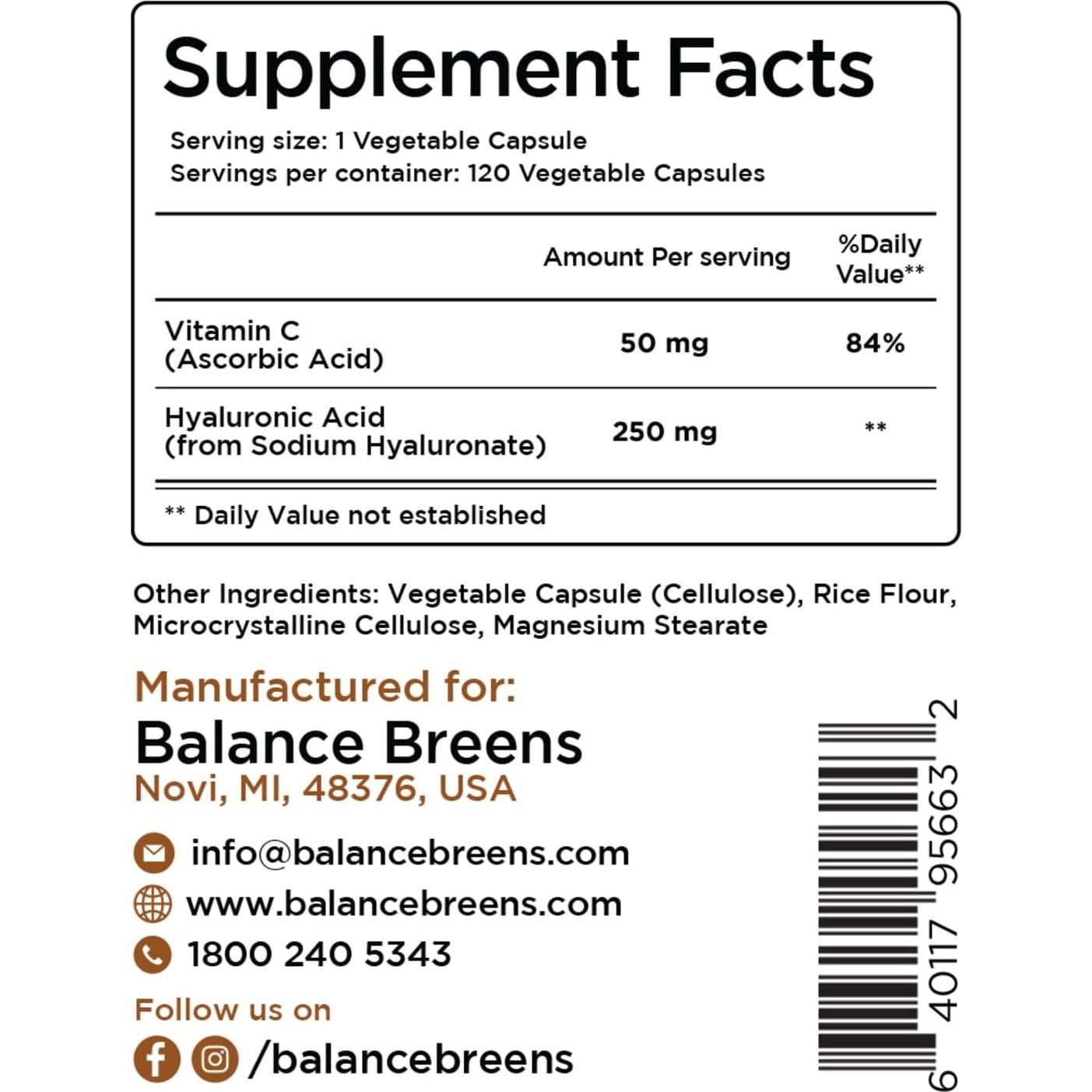 Suplemento de Ácido Hialurónico Puro 250mg + Vitamina C 50mg - 120 Cápsulas Veganas