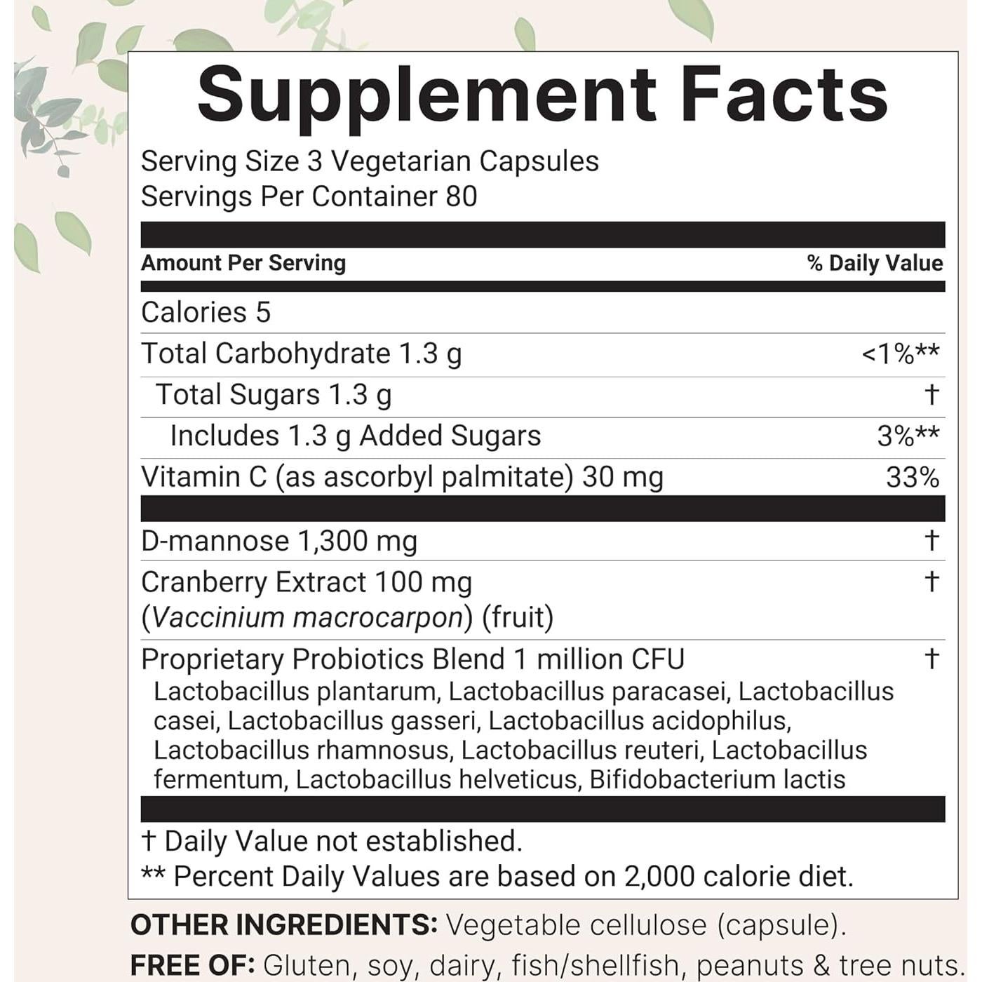 Mannosa D-Pura 1300mg con Arándano y Probioticos 240 Cápsulas