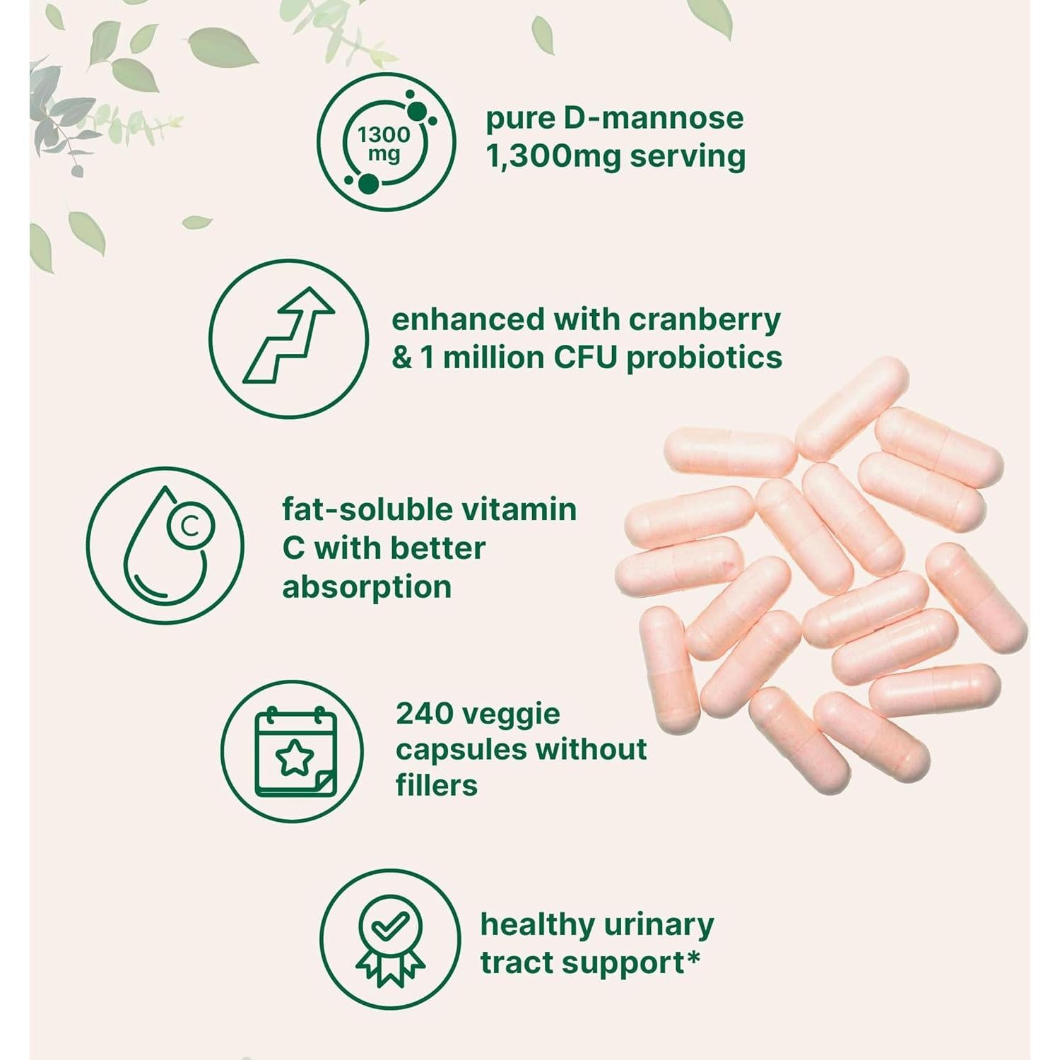 Mannosa D-Pura 1300mg con Arándano y Probioticos 240 Cápsulas