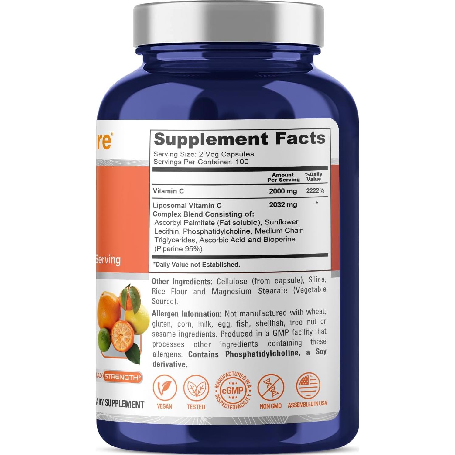 Suplemento Vitamina C Liposomal NusaPure 2032mg 200 Cápsulas Veganas