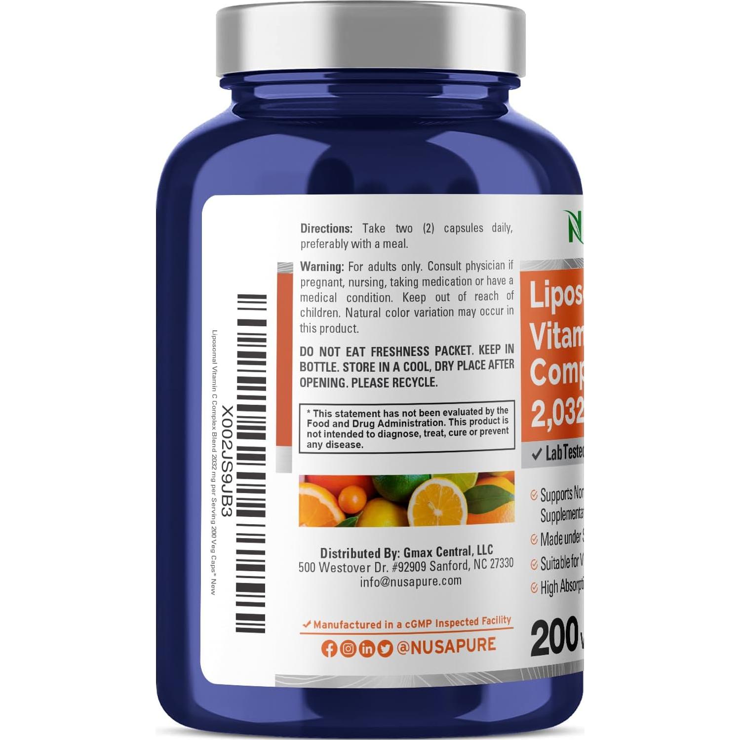 Suplemento Vitamina C Liposomal NusaPure 2032mg 200 Cápsulas Veganas