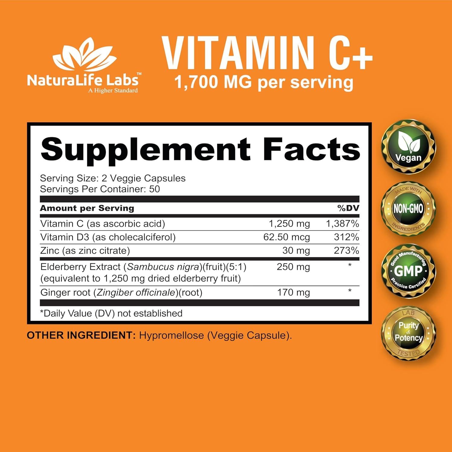 Vitamina C 1700 mg NaturaLife Labs con D3 y Zinc - 100 Cápsulas Veganas