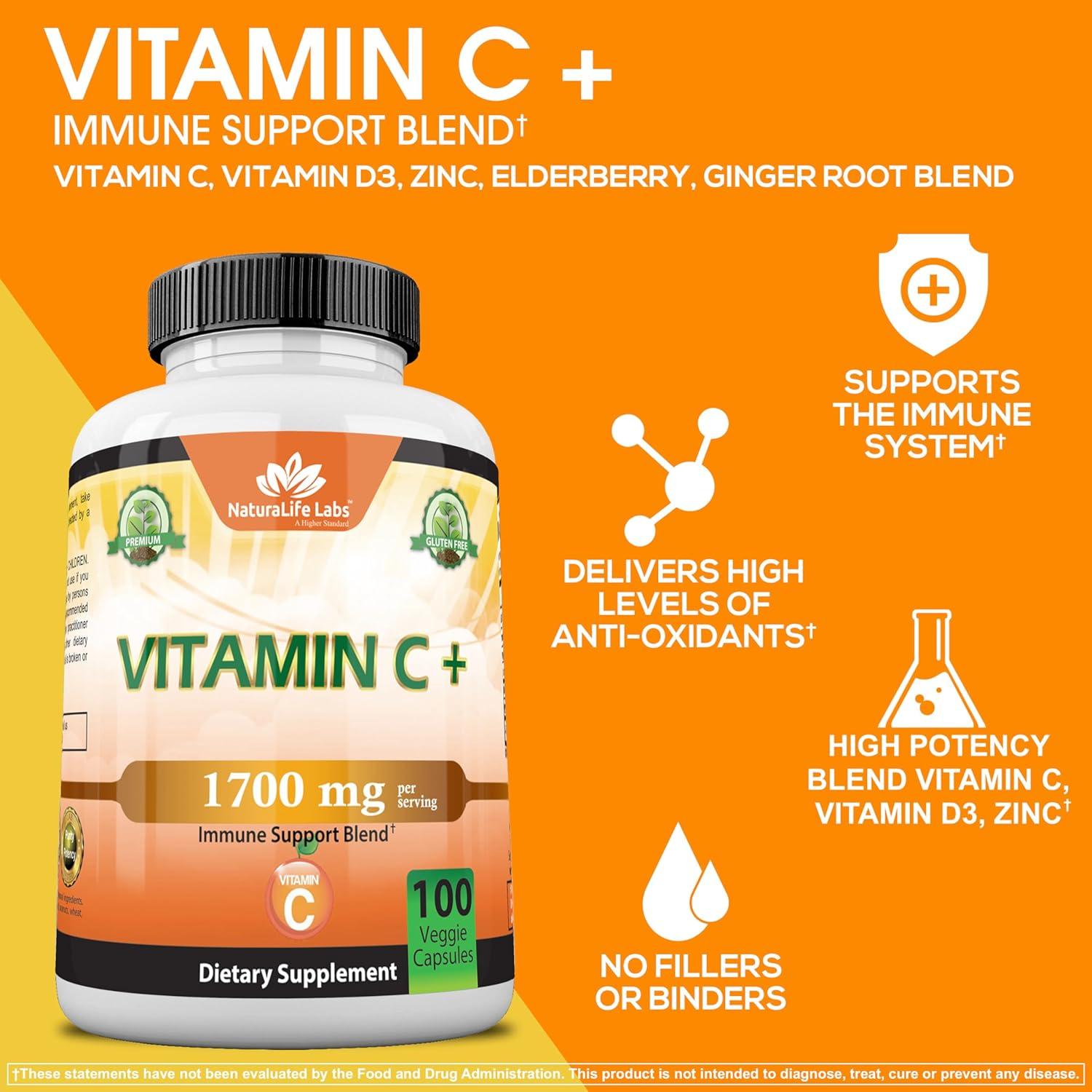Vitamina C 1700 mg NaturaLife Labs con D3 y Zinc - 100 Cápsulas Veganas