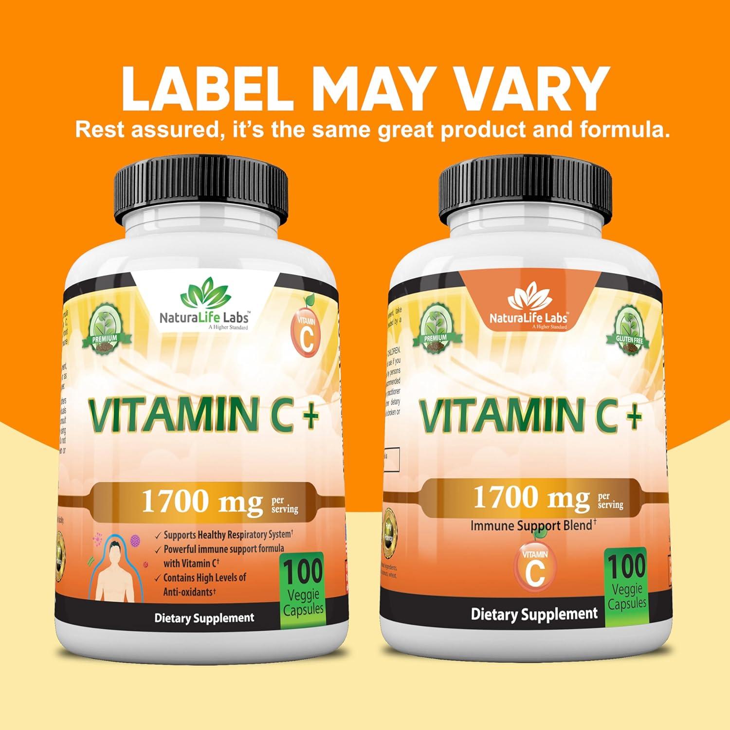 Vitamina C 1700 mg NaturaLife Labs con D3 y Zinc - 100 Cápsulas Veganas