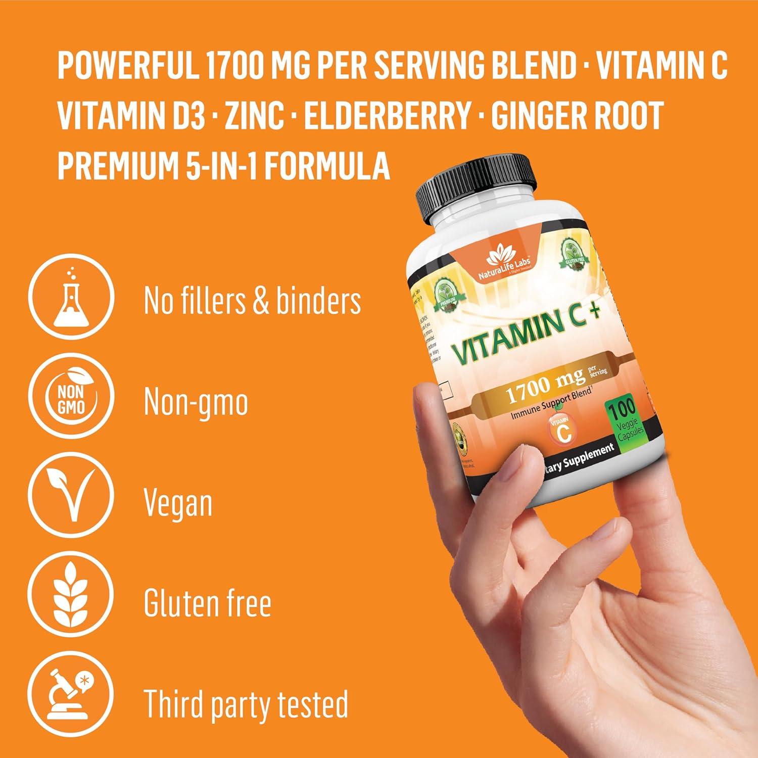 Vitamina C 1700 mg NaturaLife Labs con D3 y Zinc - 100 Cápsulas Veganas
