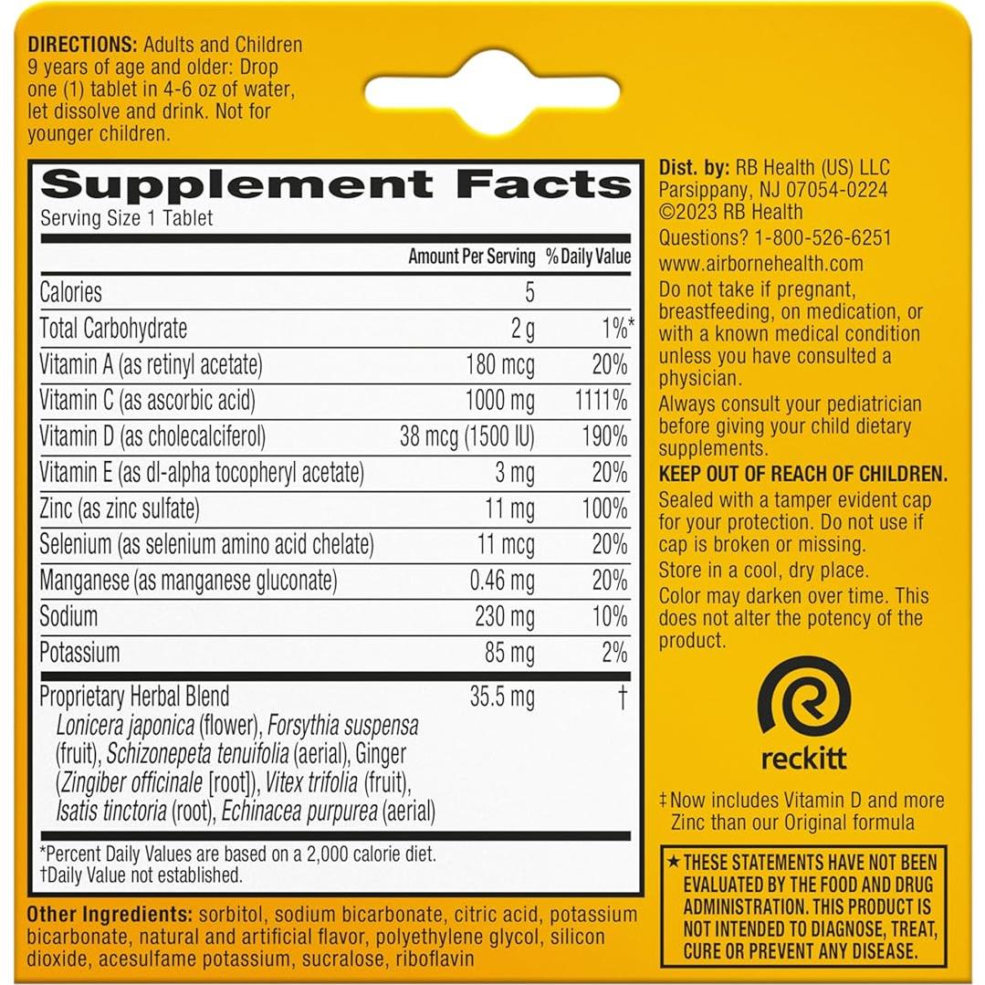 Tabletas Efervescentes Airborne Naranja 1000mg Vitamina C 10u