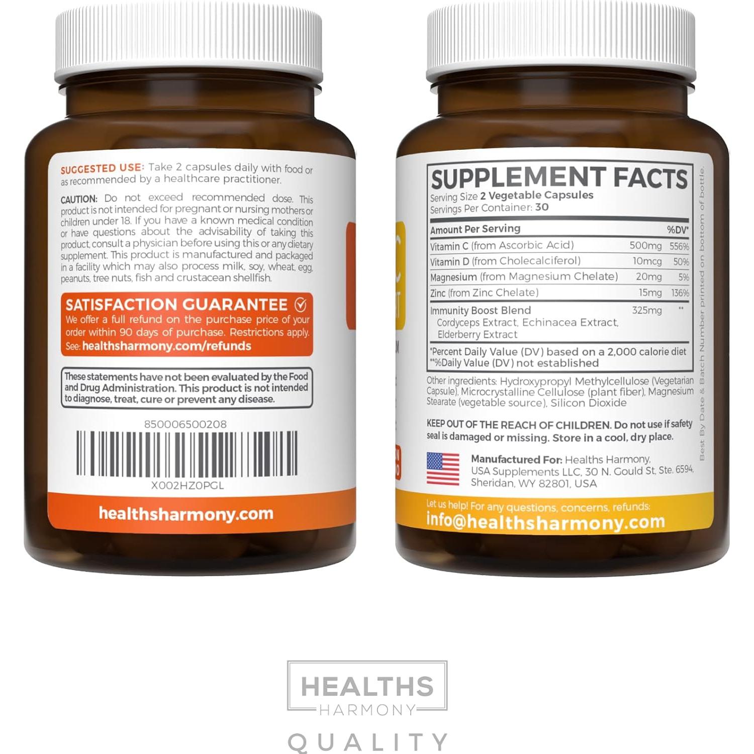 Suplemento Inmunológico Healths Harmony 60 Cápsulas Vitamina C Zinc