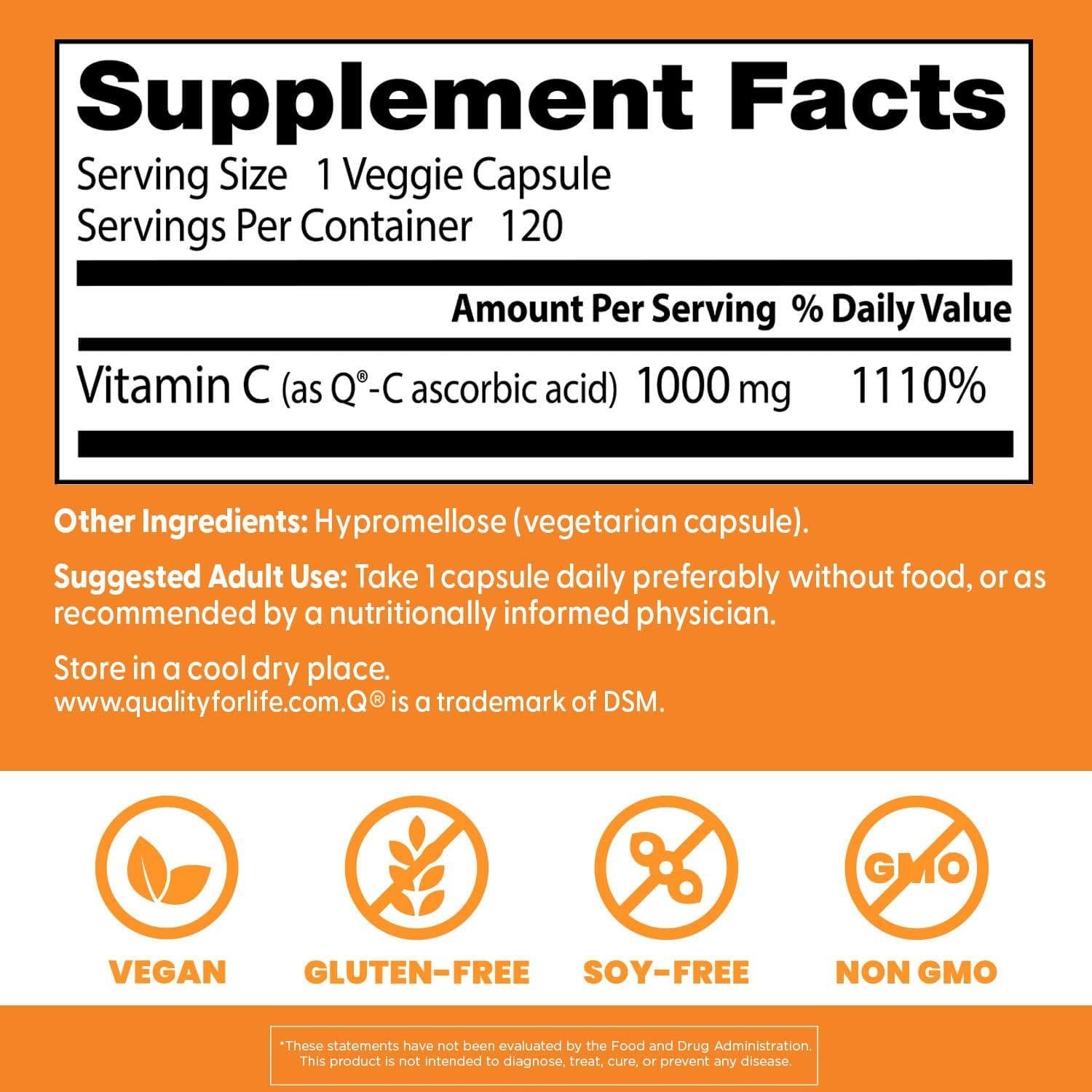 Vitamina C 1000mg Doctor's Best con Q-C - 120 Cápsulas Veganas