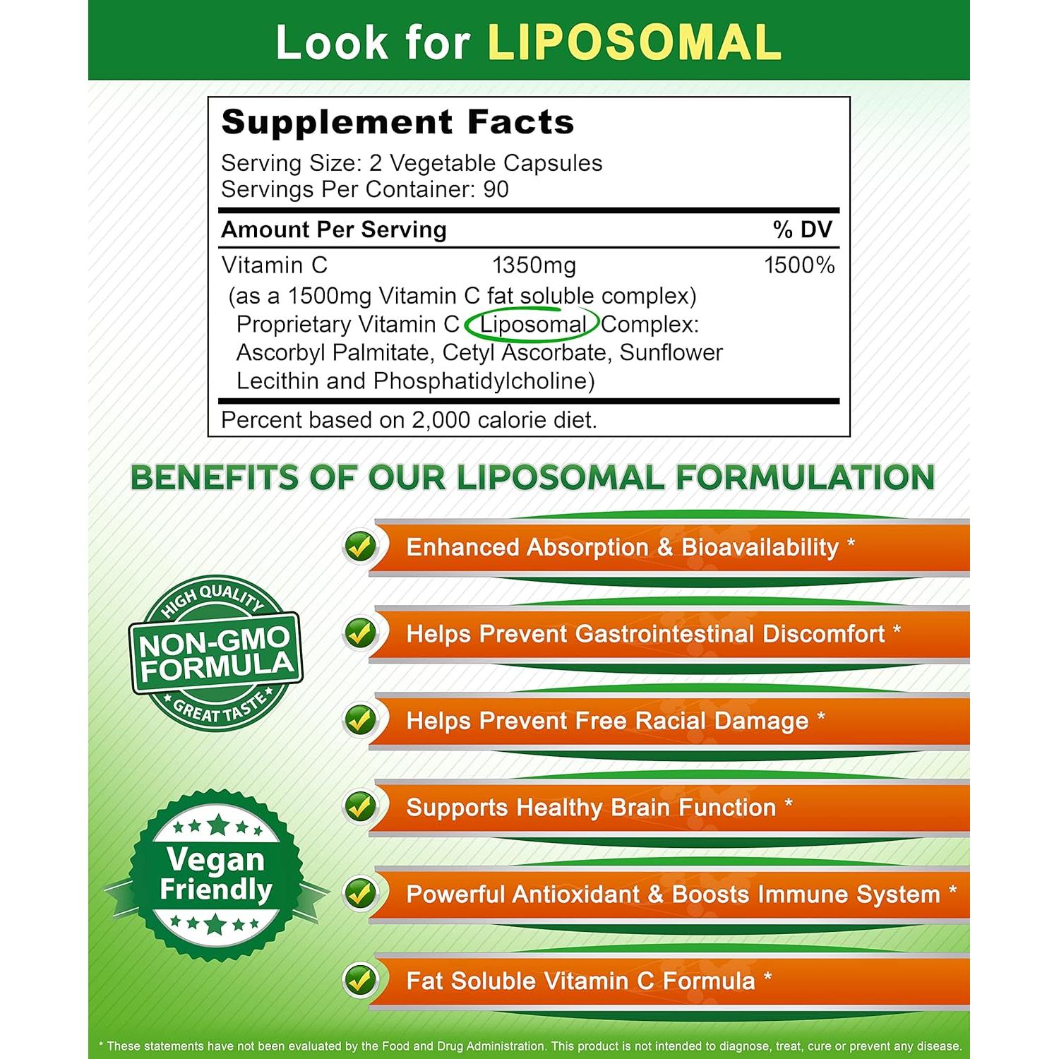 Complejo Liposomal de Vitamina C aSquared Nutrition 1500mg - 180 Cápsulas