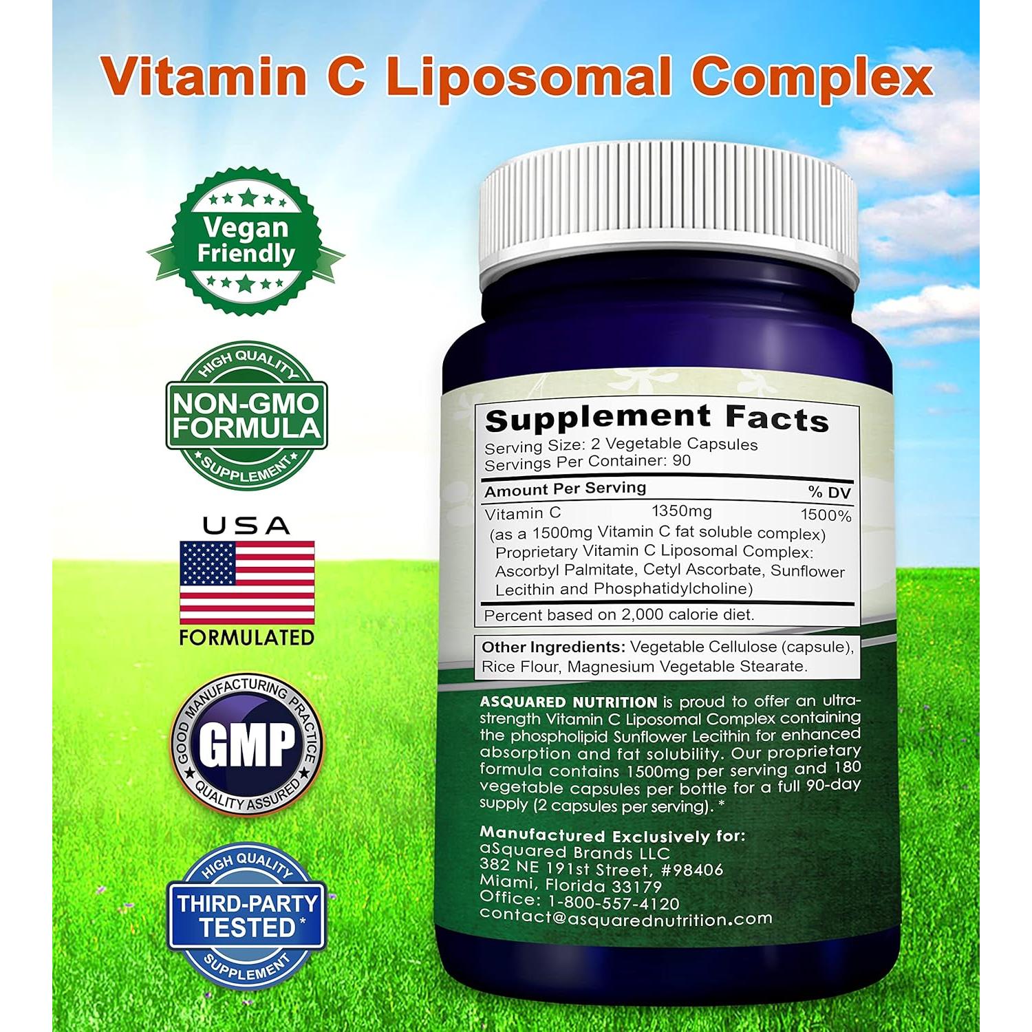 Complejo Liposomal de Vitamina C aSquared Nutrition 1500mg - 180 Cápsulas