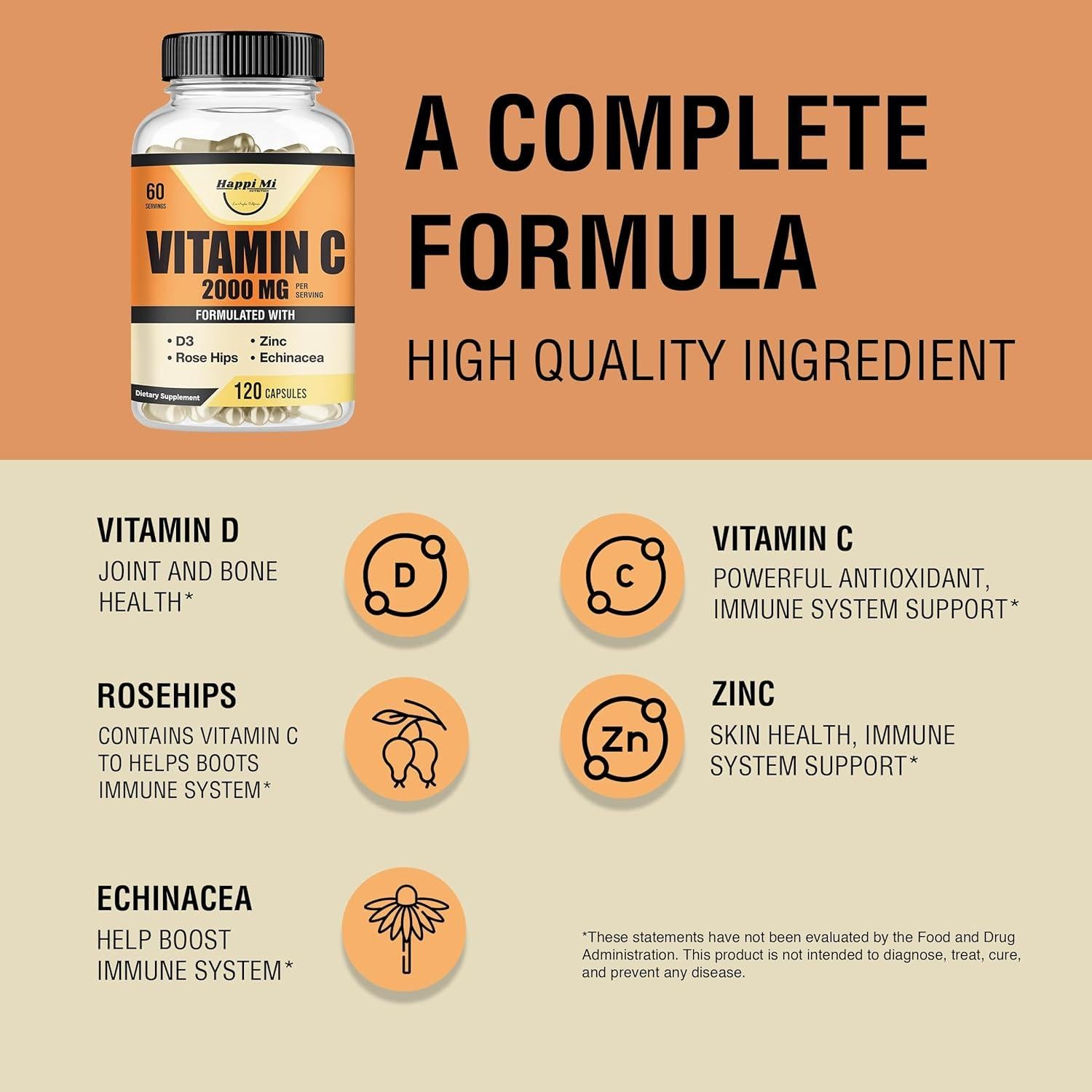 Vitamina C 2000mg + Zinc 40mg + D3 125mcg - Happi Mi Nutrition