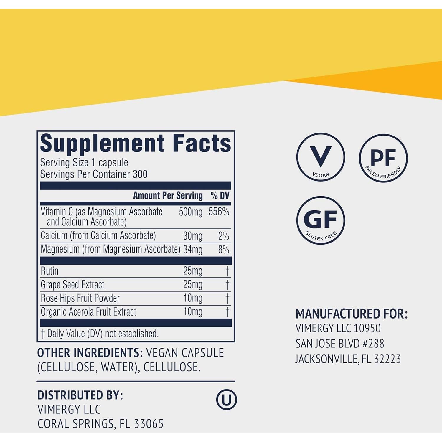 Vimergy Micro-C Vitamina C 500mg - 300 Cápsulas Veganas