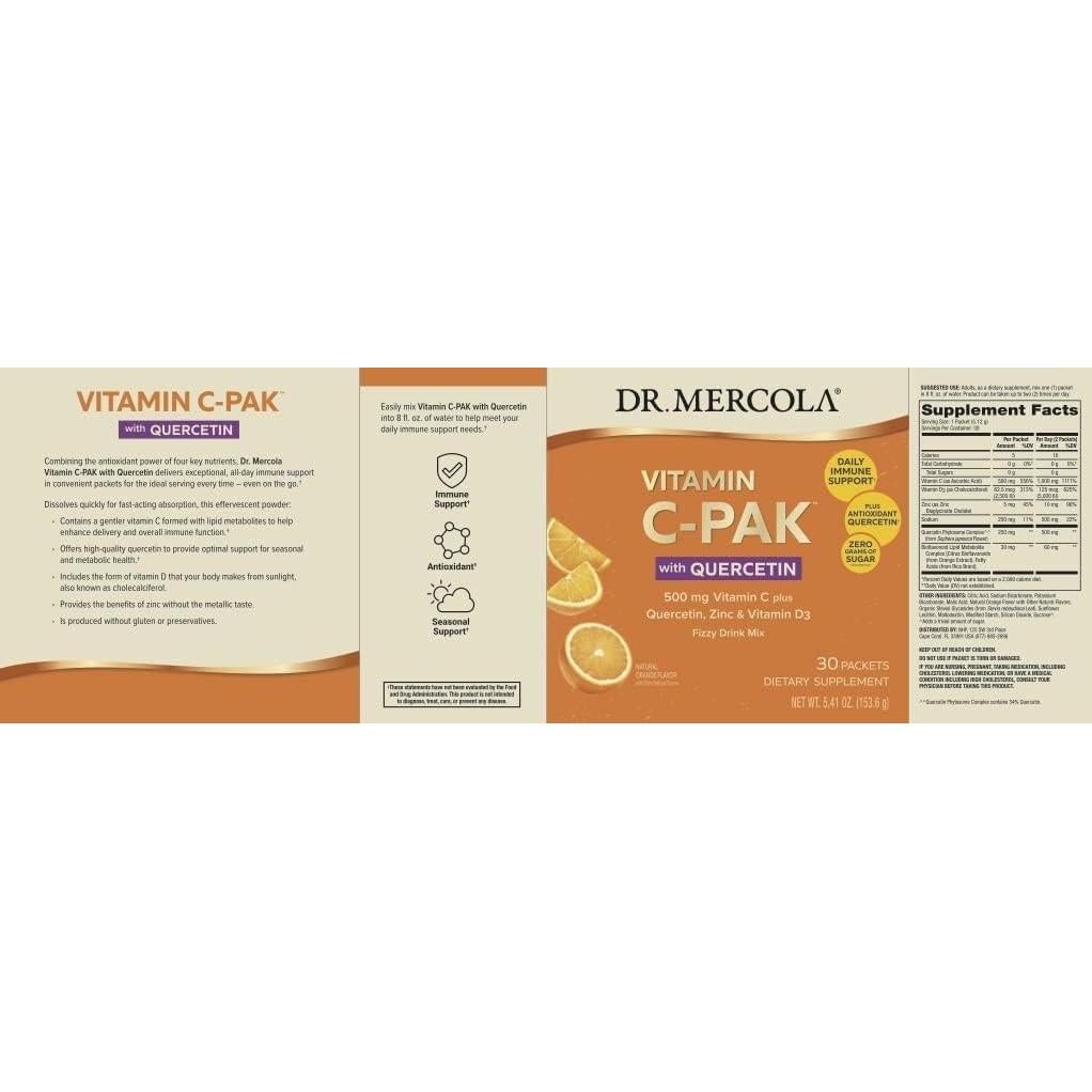 Dr. Mercola Vitamina C-PAK con Quercetina - Bebida Efervescente 30 Paquetes