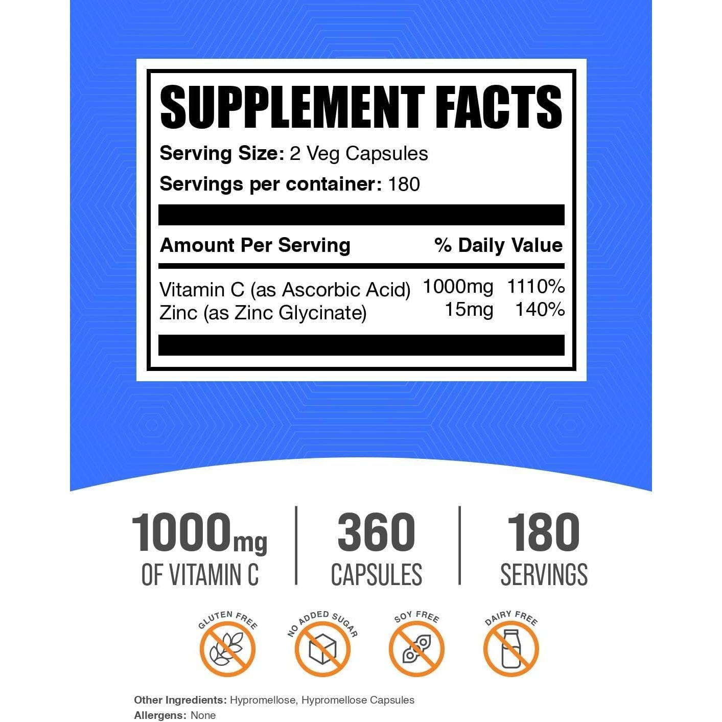 Cápsulas de Vitamina C 1000mg con Zinc 15mg BulkSupplements - 360 Unidades
