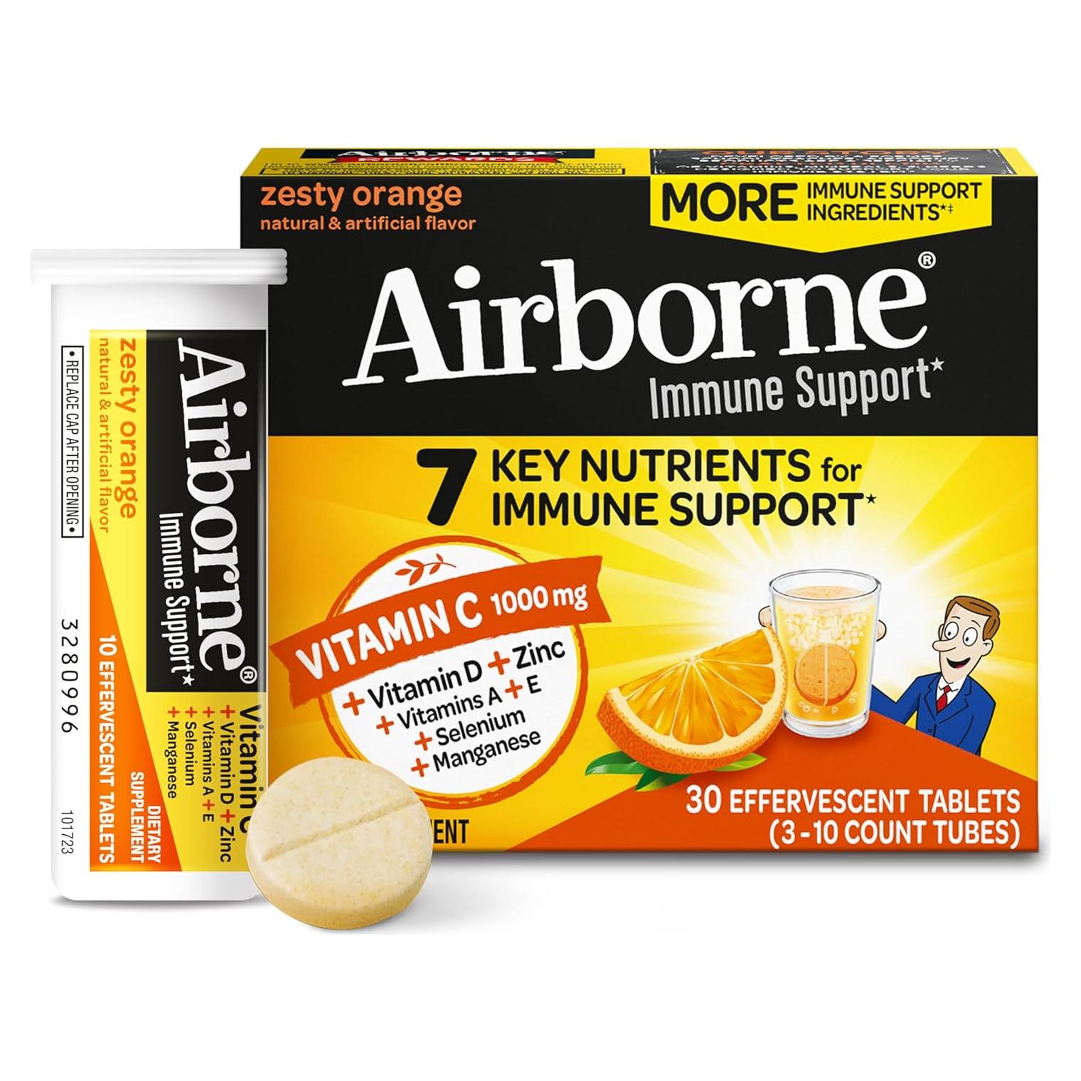 Airborne 1000mg Vitamina C con D y Zinc, 30 Tabletas Efervescentes