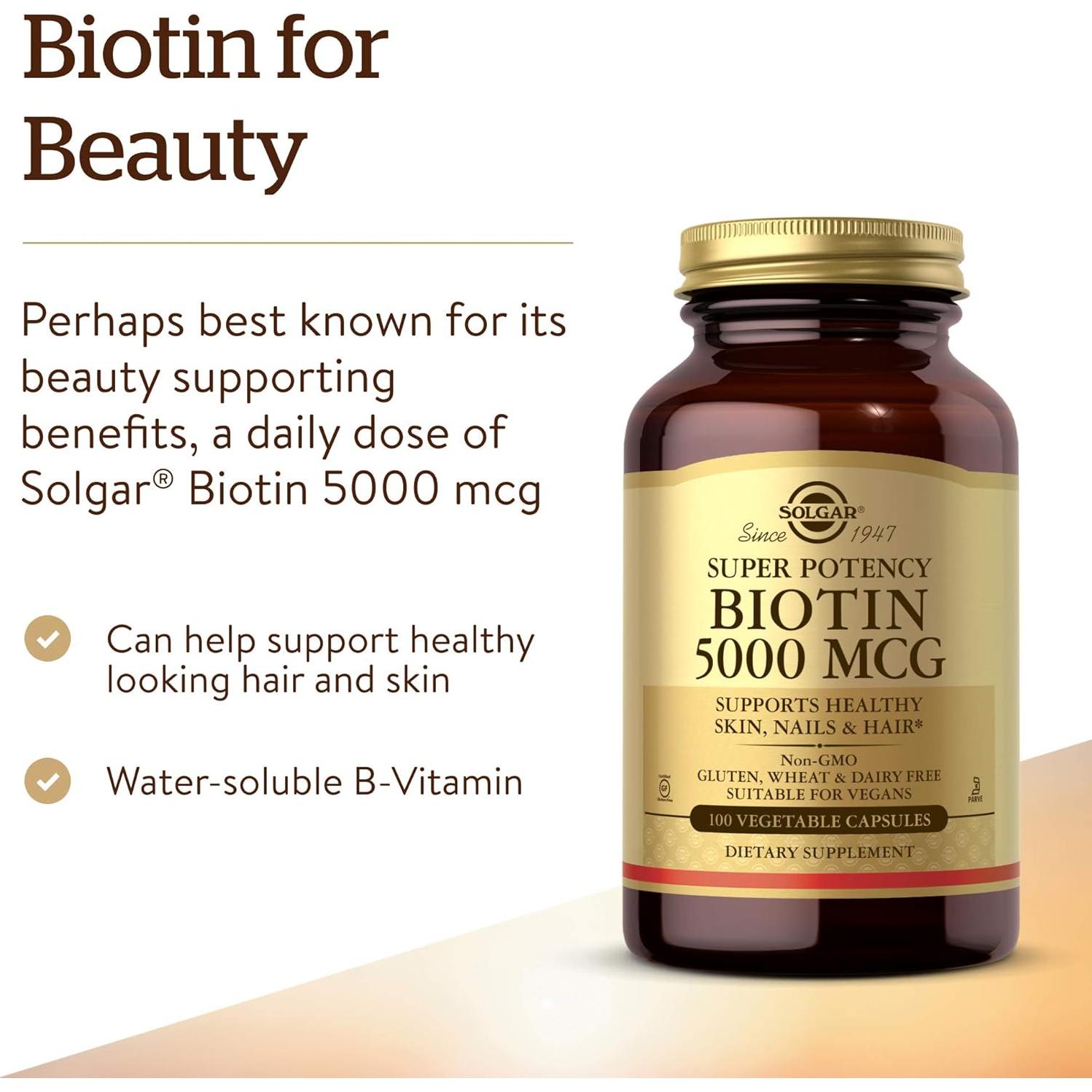 Biotina Solgar 5000 mcg - Suplemento para Cabello y Piel - 100 Porciones