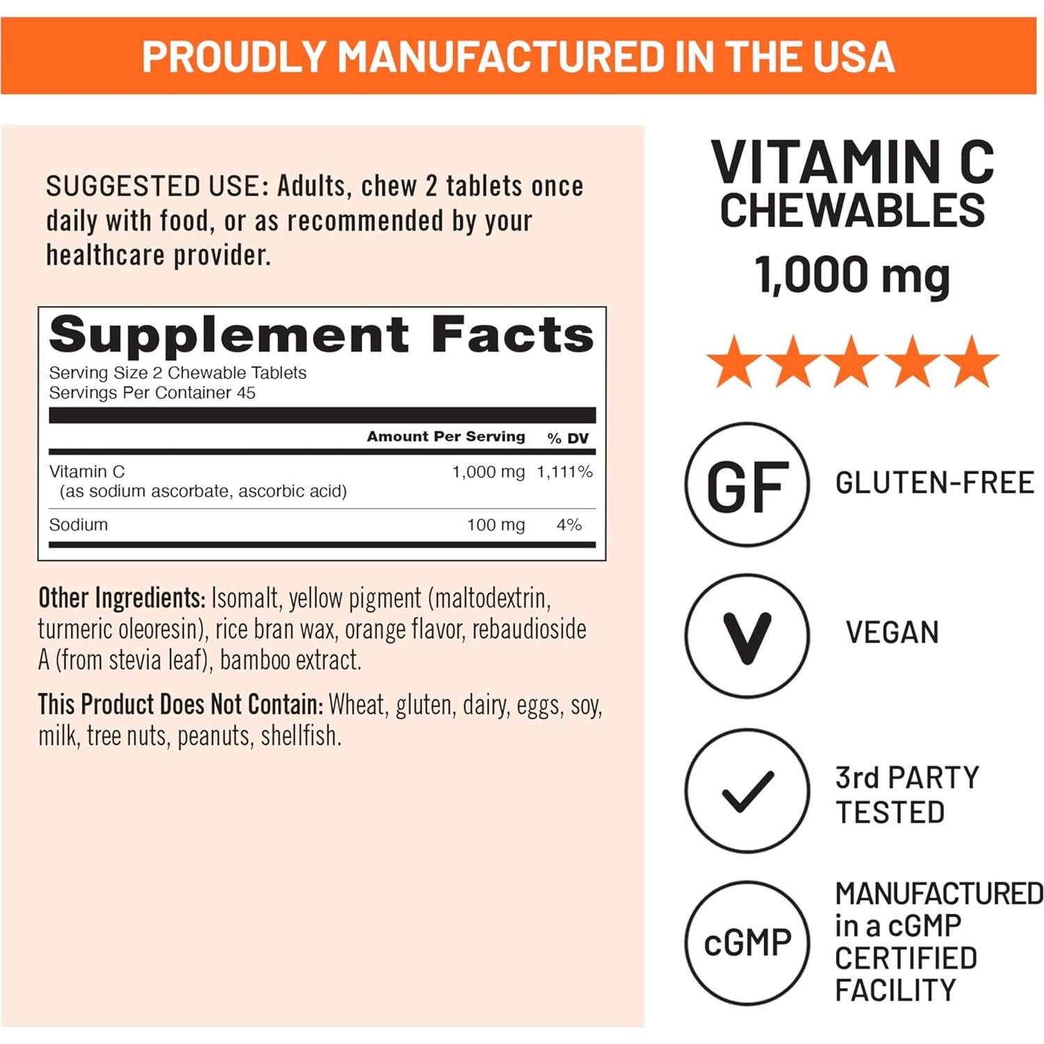 NatureWise Vitamina C Masticable 1000mg Naranja 90 Tabletas