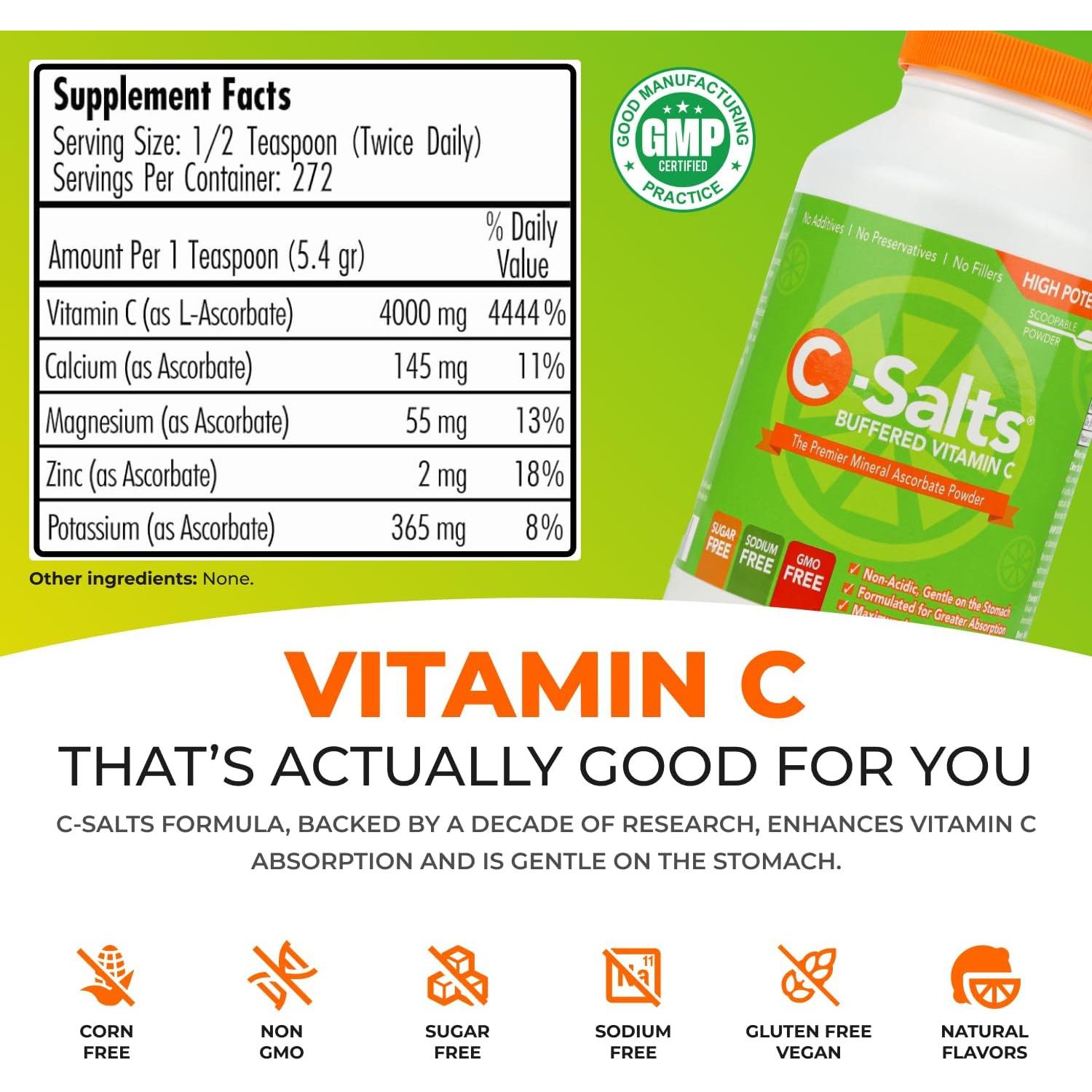 C-Salts Polvo de Vitamina C 737g - Sin Azúcar, Orgánico