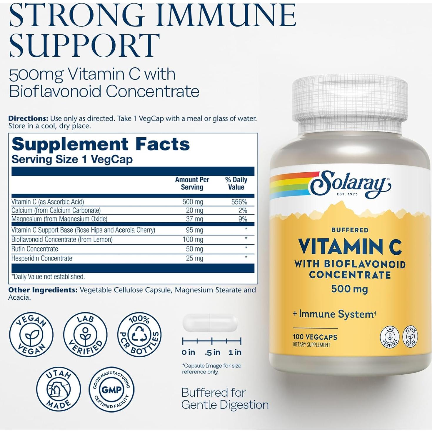 Vitamina C Acolchada Solaray 500mg con Bioflavonoides 100 VegCaps