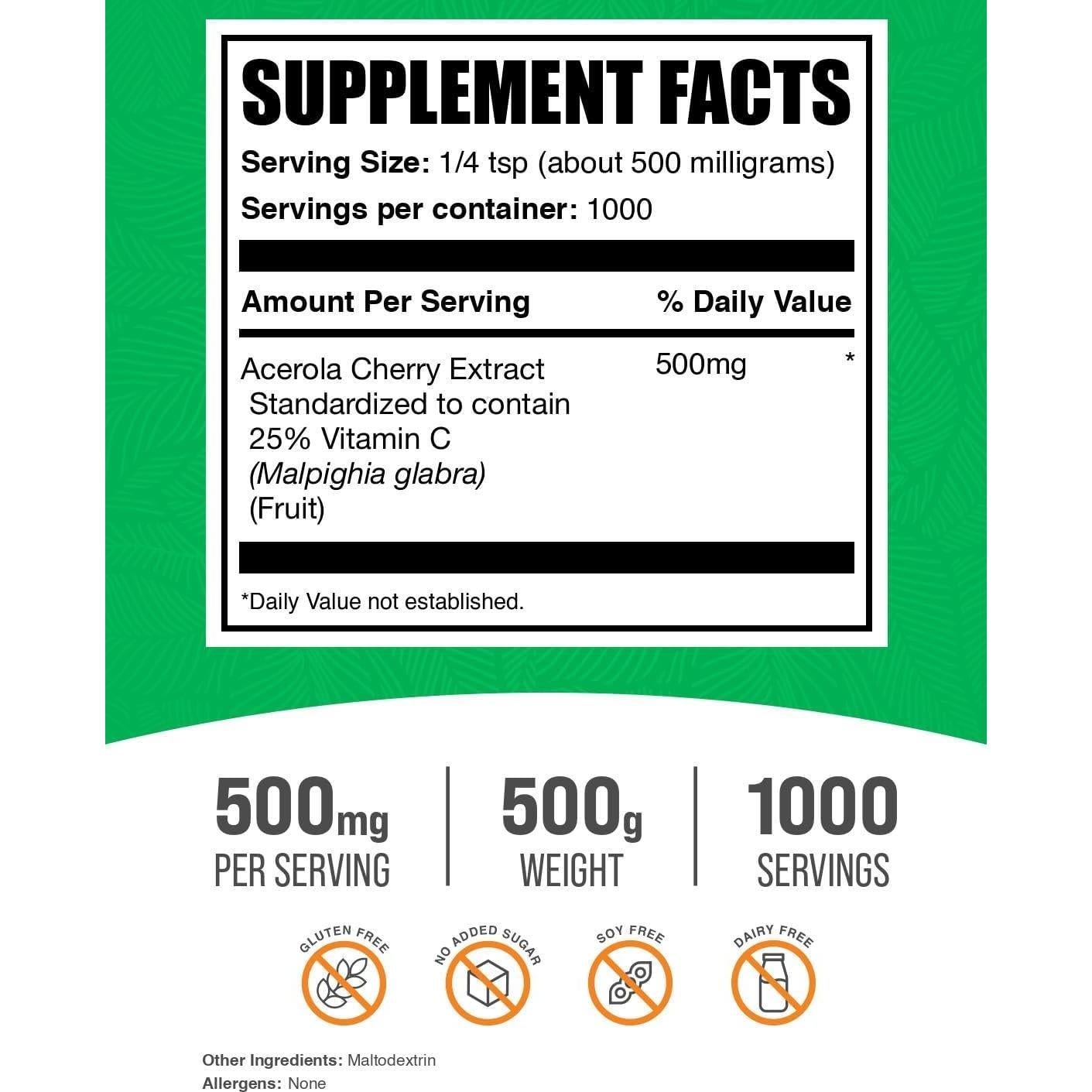 Polvo de Extracto de Cereza Acerola BulkSupplements 500g - Vitamina C Vegano