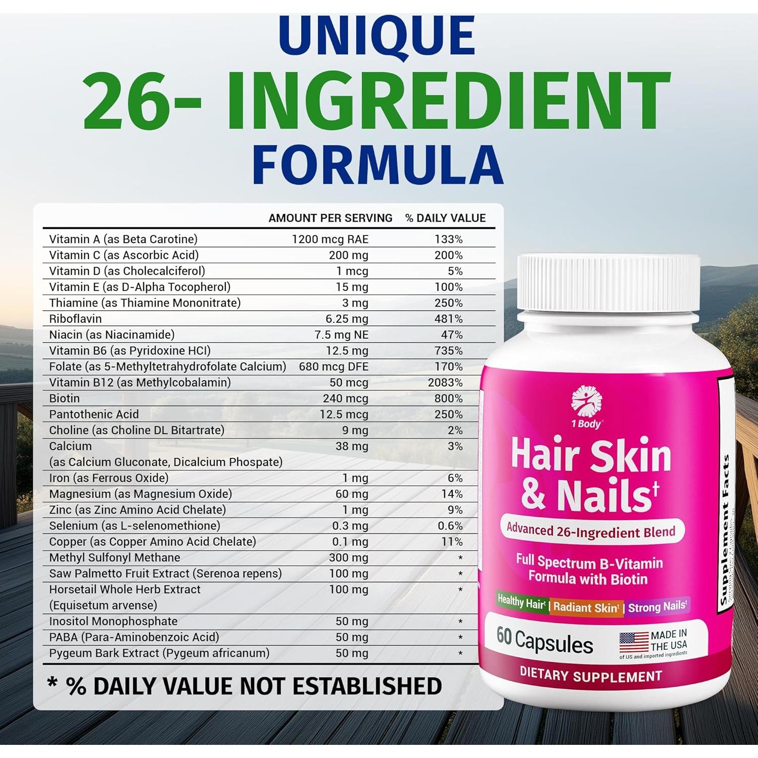 Suplemento 1 Cuerpo Vitaminas Cabello Piel Uñas 60 Cápsulas Veganas