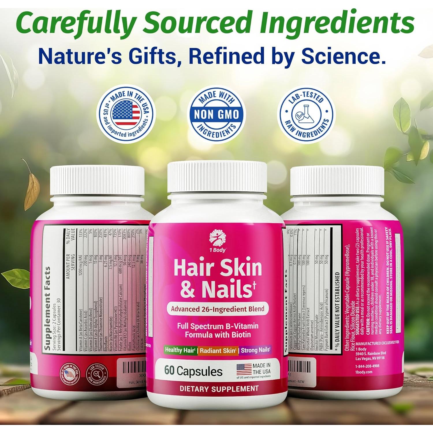 Suplemento 1 Cuerpo Vitaminas Cabello Piel Uñas 60 Cápsulas Veganas