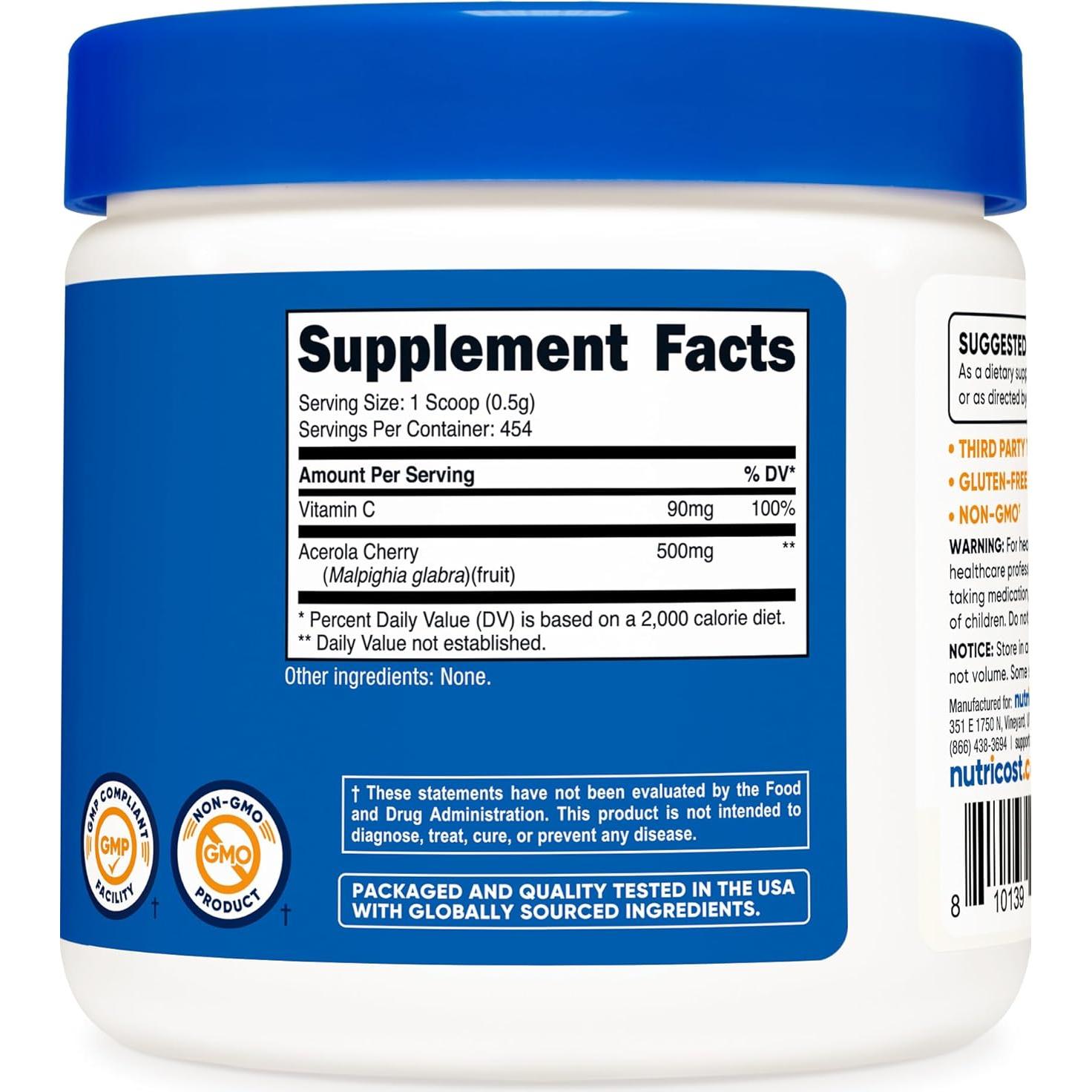 Nutricost Vitamina C Natural Polvo de Cereza Acerola 227g