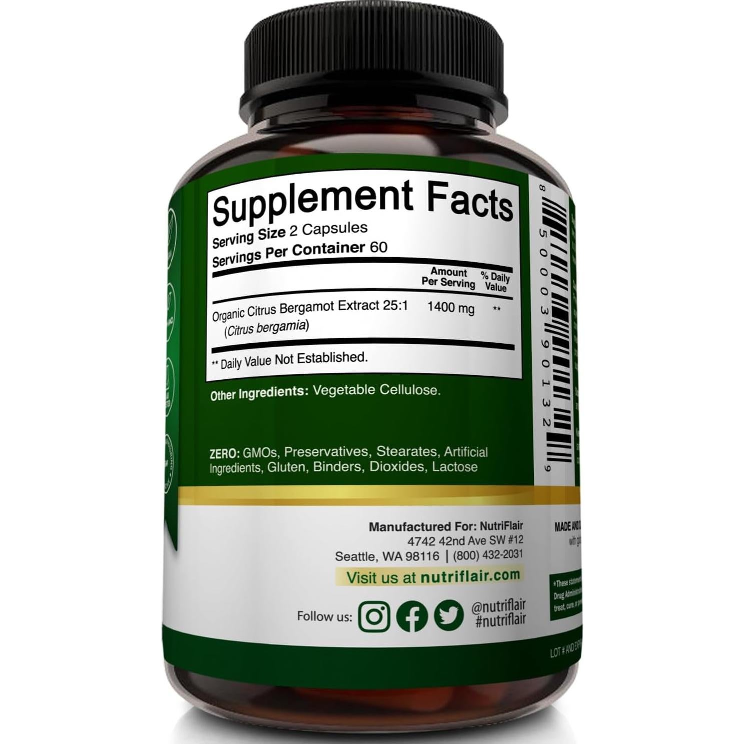 NutriFlair Bergamota Cítrica Orgánica 1400mg 120 Cápsulas