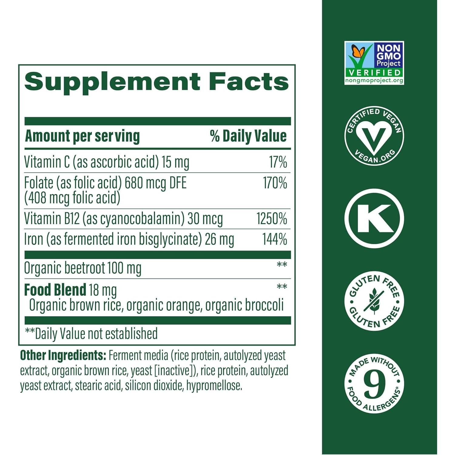 MegaFood Constructor de Sangre - Suplemento de Hierro Vegano 72 Tabletas