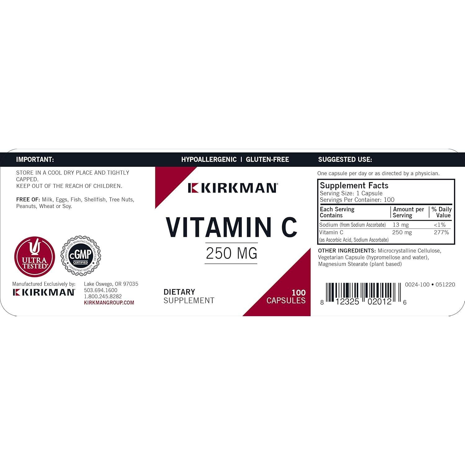 Vitamina C 250 mg Kirkman 100 cápsulas - Antioxidante