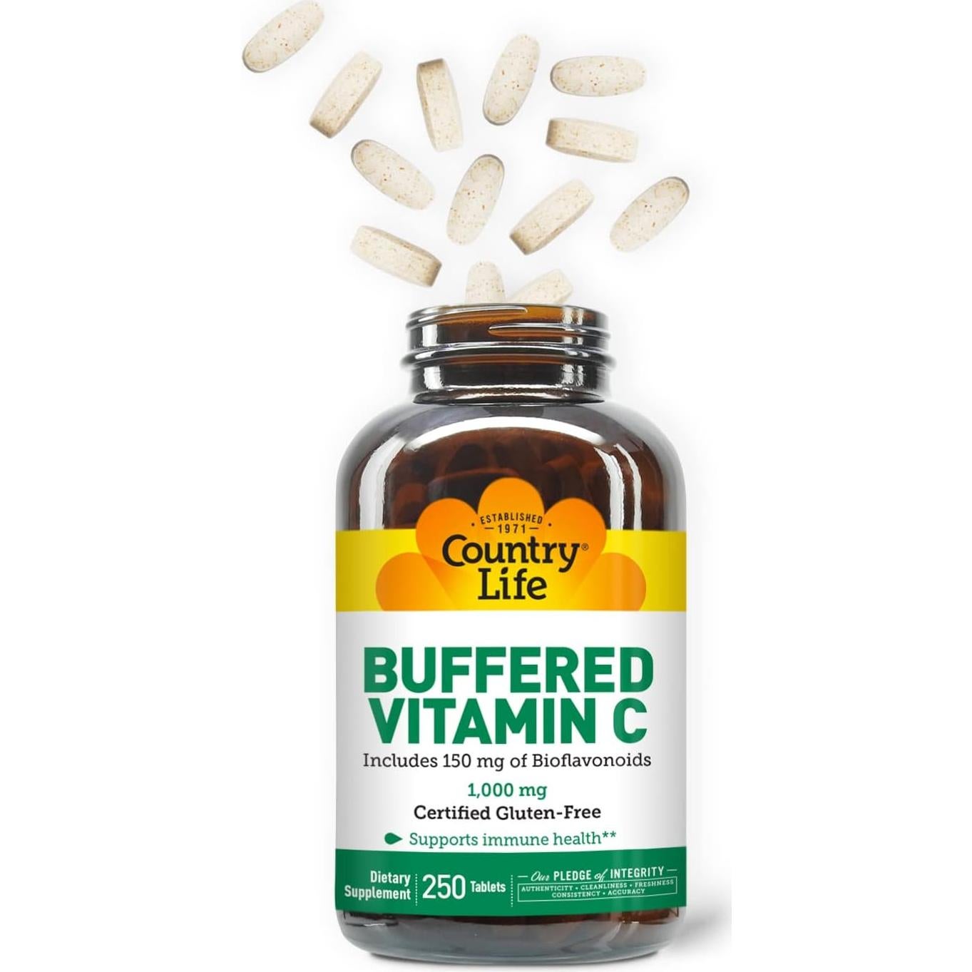 Vitamina C Buffered 1000mg Country Life - 250 Cápsulas Veganas