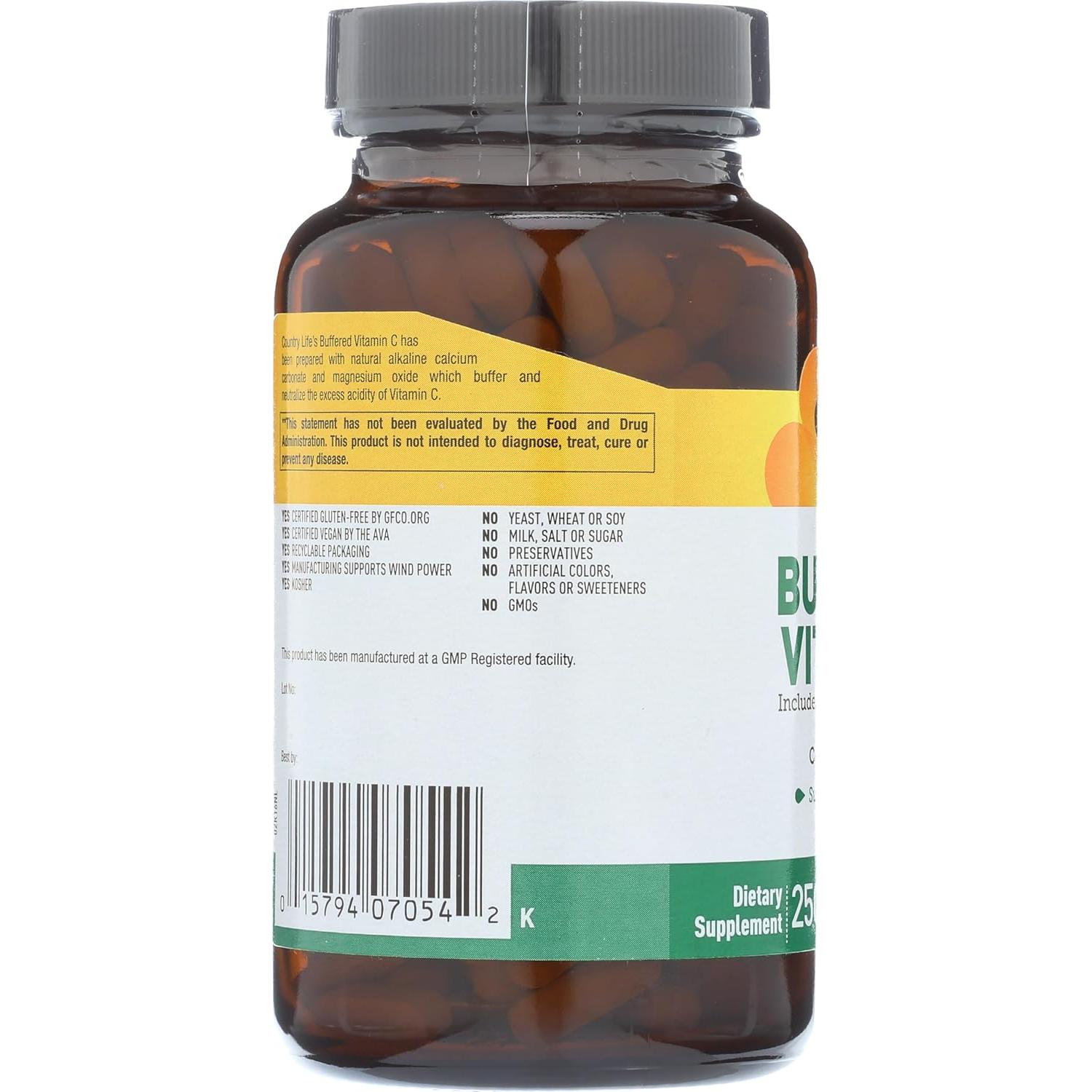 Vitamina C Amortiguada Country Life 500mg 250 Tabletas Veganas