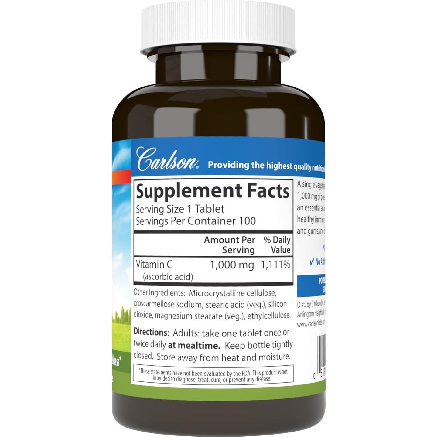 Vitamina C 1000 mg Carlson - 100 Tabletas Antioxidante