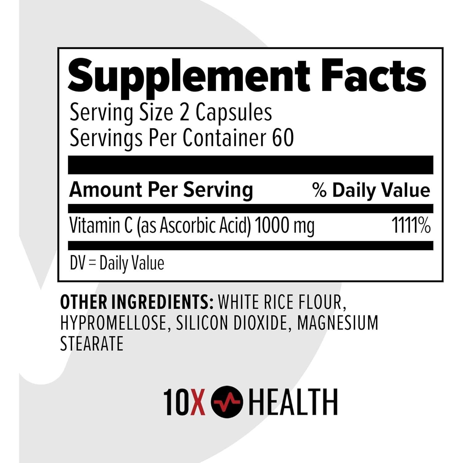 Vitamina C 1000mg 10X Health - 120 Cápsulas Antioxidantes
