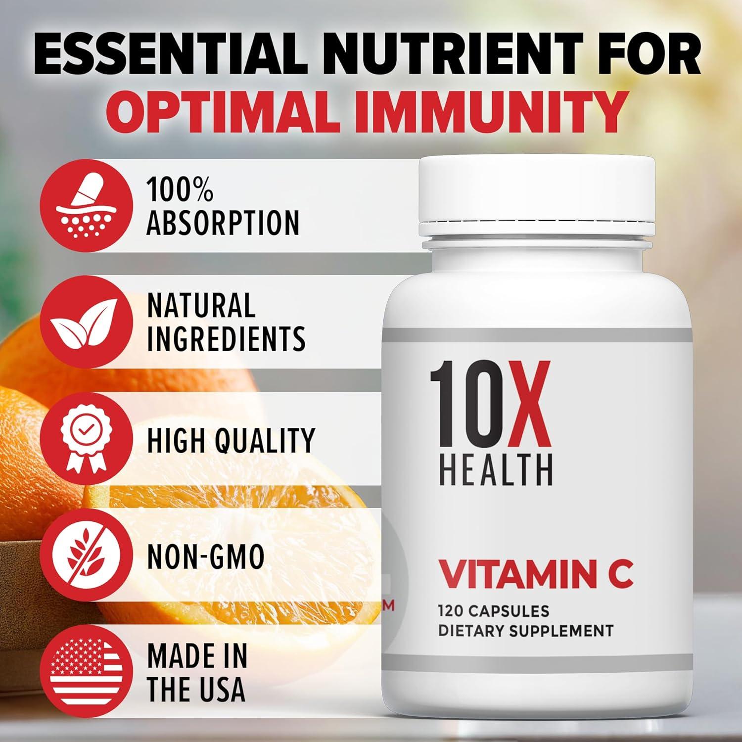 Vitamina C 1000mg 10X Health - 120 Cápsulas Antioxidantes