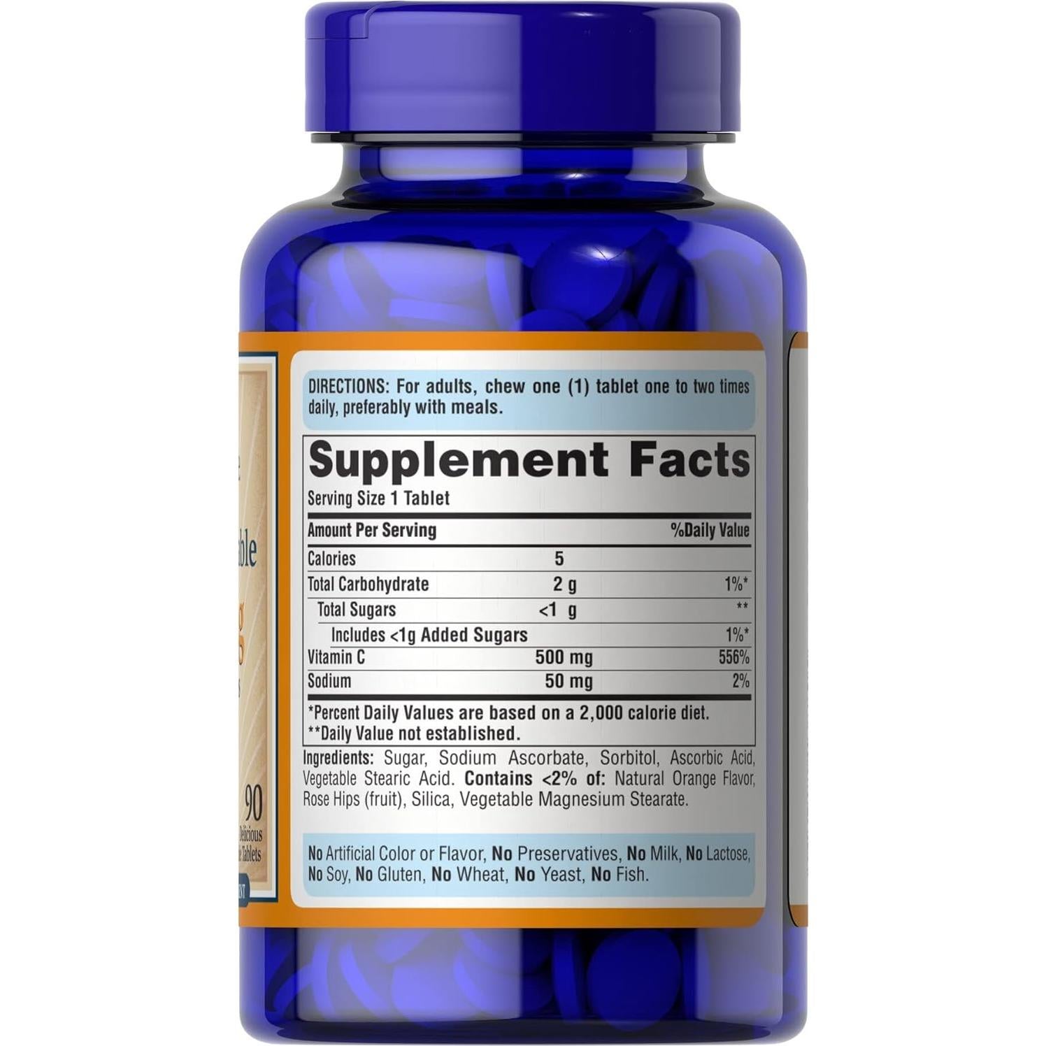 Vitamina C Masticable Puritan's Pride 500 mg con Rosa Mosqueta