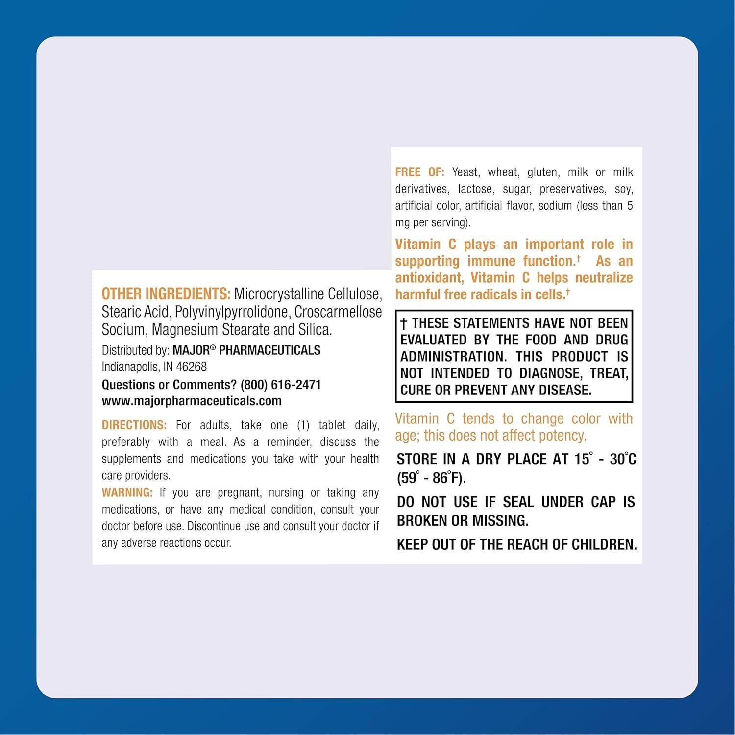 Tabletas de Vitamina C 500 mg Major - Suplemento Dietético - 300 Unidades