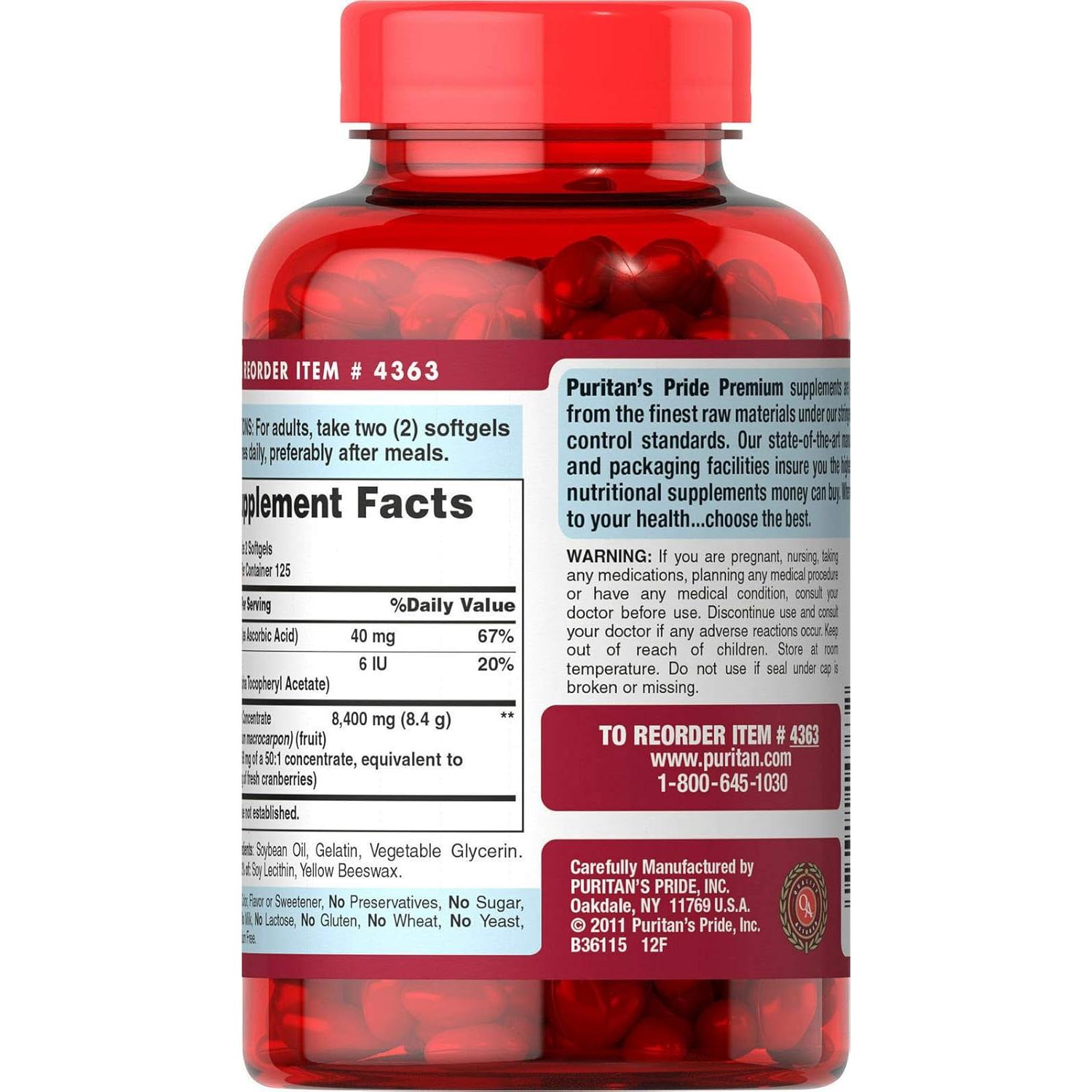 Concentrado de Arándano Puritan's Pride 4200 mg 250 Cápsulas