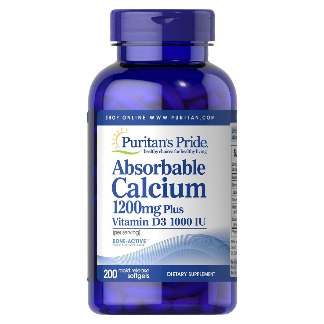 Calcio Absorbible Puritan's Pride 1200 mg + Vitamina D3 25 mcg - 200 Cápsulas