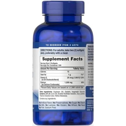 Calcio Absorbible Puritan's Pride 1200 mg + Vitamina D3 25 mcg - 200 Cápsulas