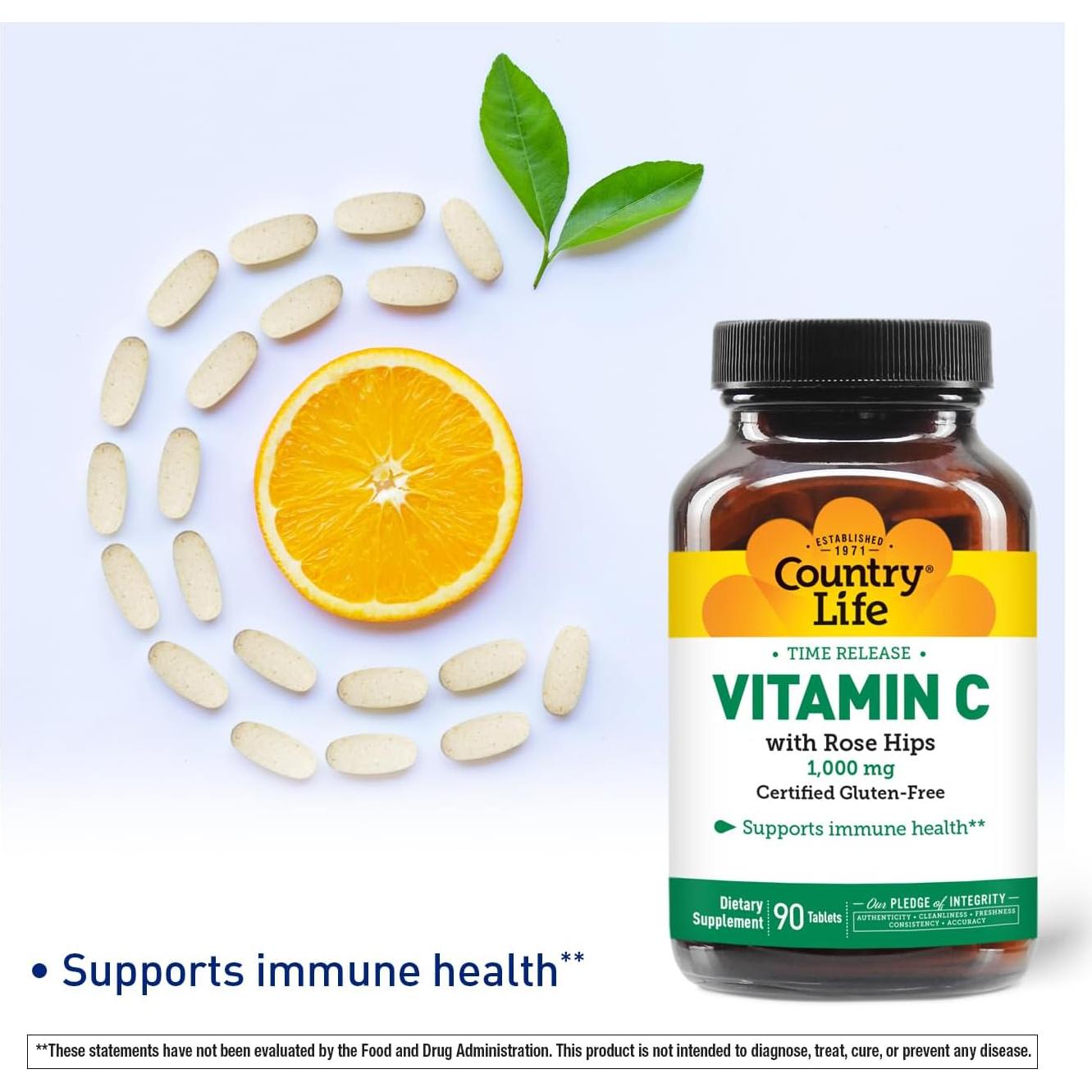 Country Life Vitamina C 1000mg con Rosa Mosqueta - 90 Tabletas Veganas