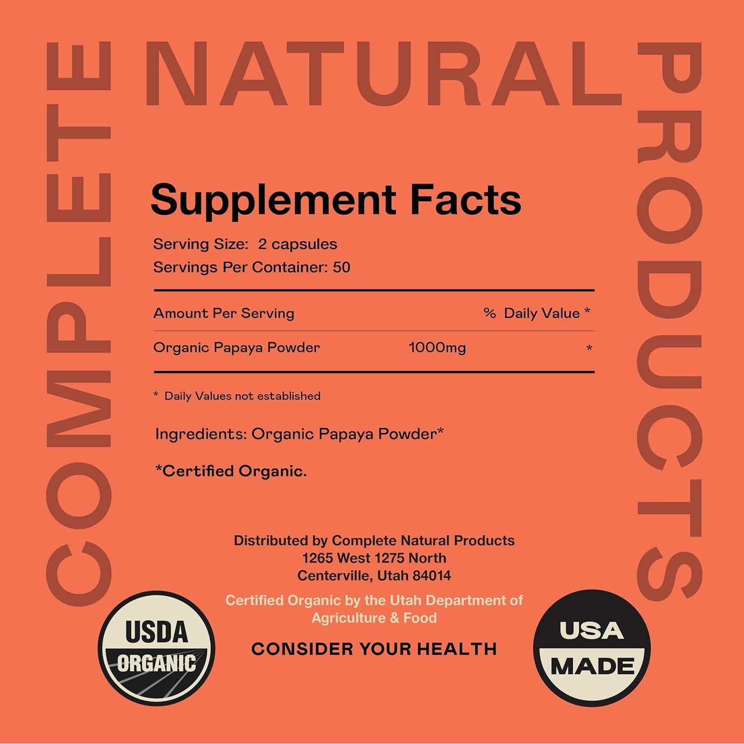 Cápsulas de Enzimas de Papaya Orgánica Complete Natural - 500mg