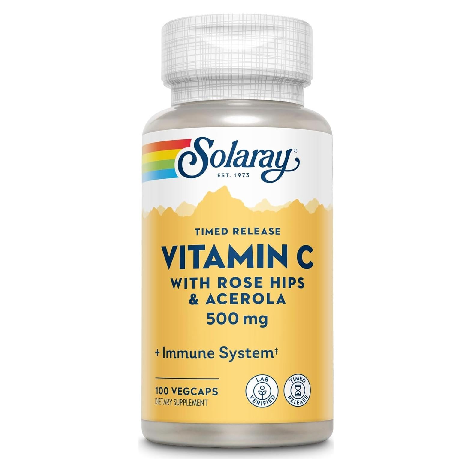 Suplemento Solaray C 500mg con Escaramujo y Acerola 100 cápsulas