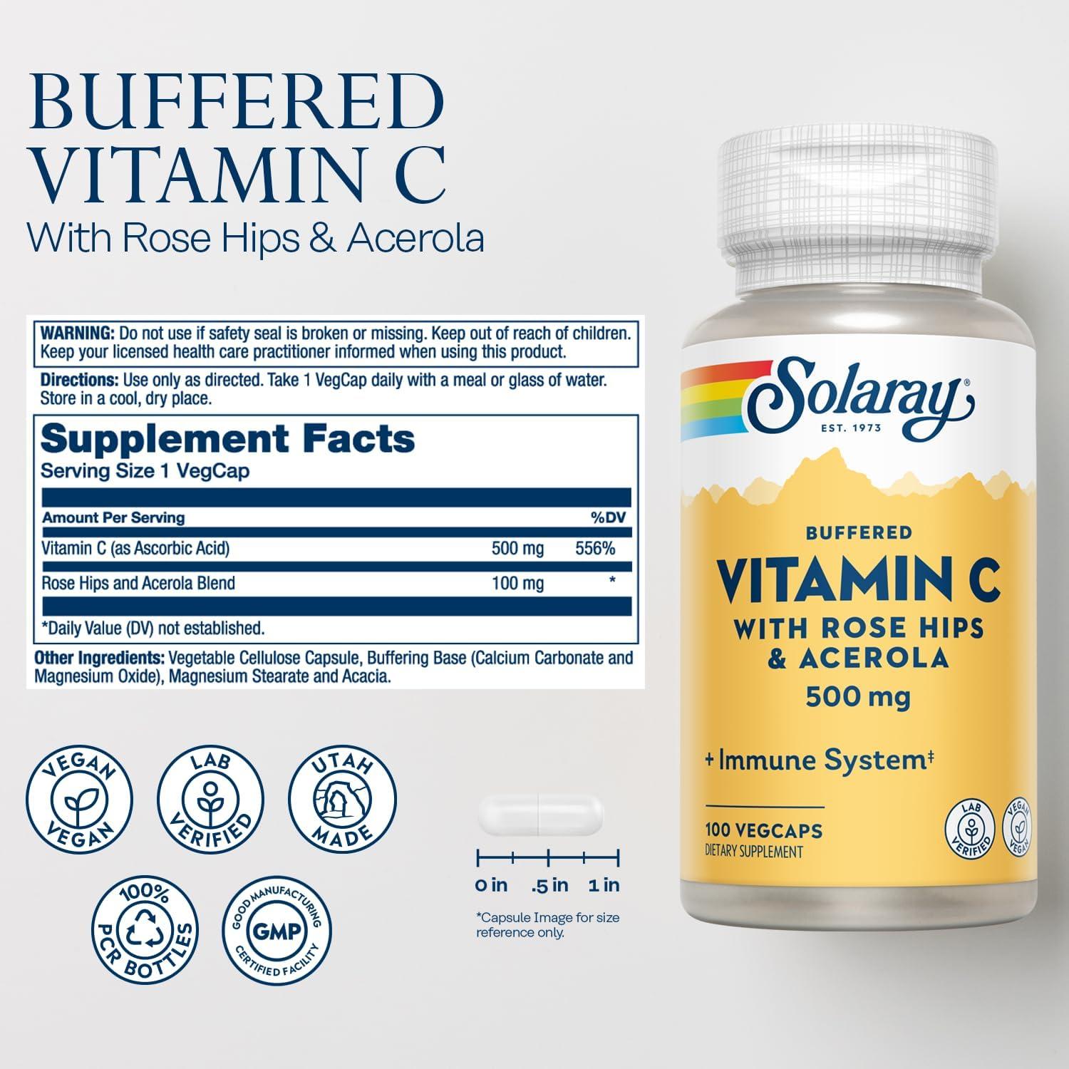 Vitamina C 500mg Solaray con Rosa Mosqueta y Acerola - 100 VegCaps